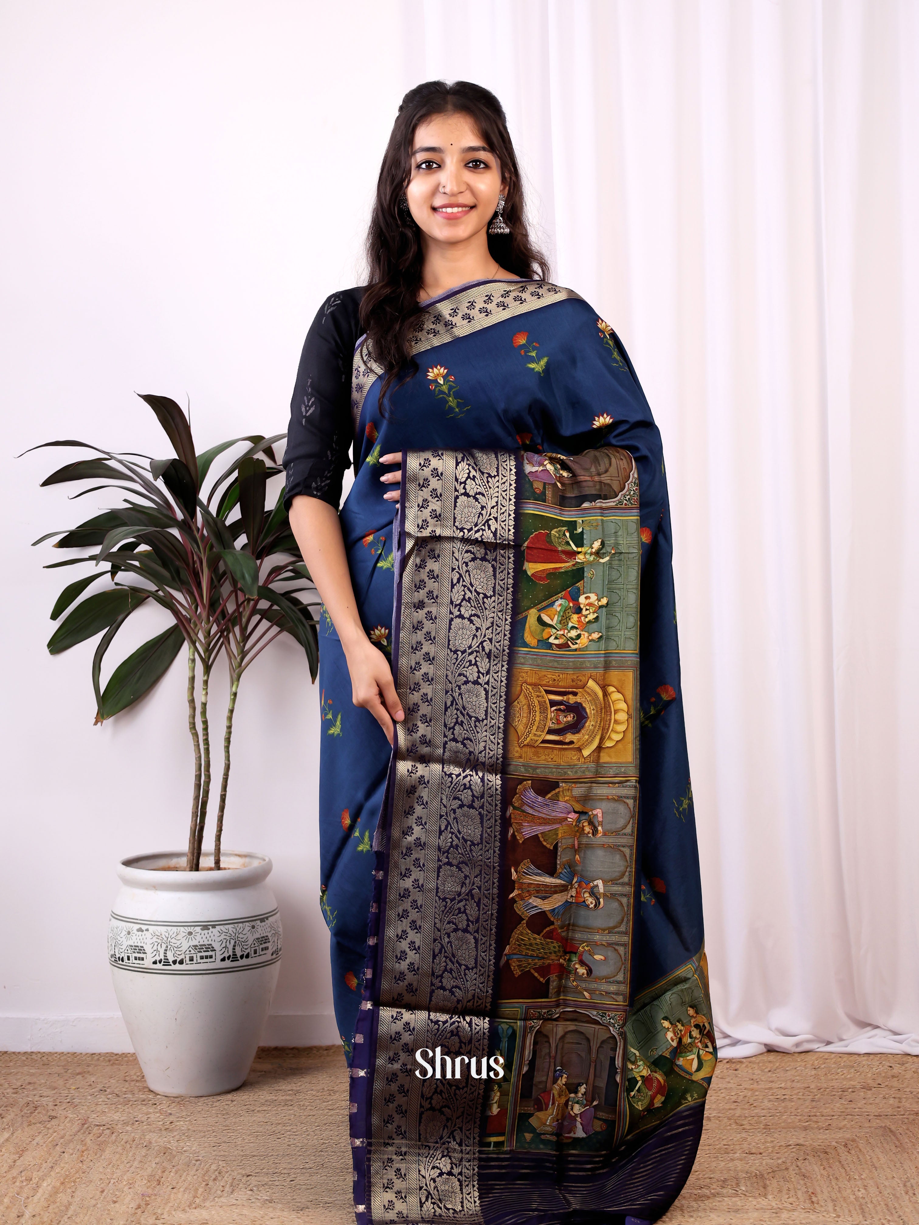 Blue - Semi Dola silk Saree - Shop on Shrus.com