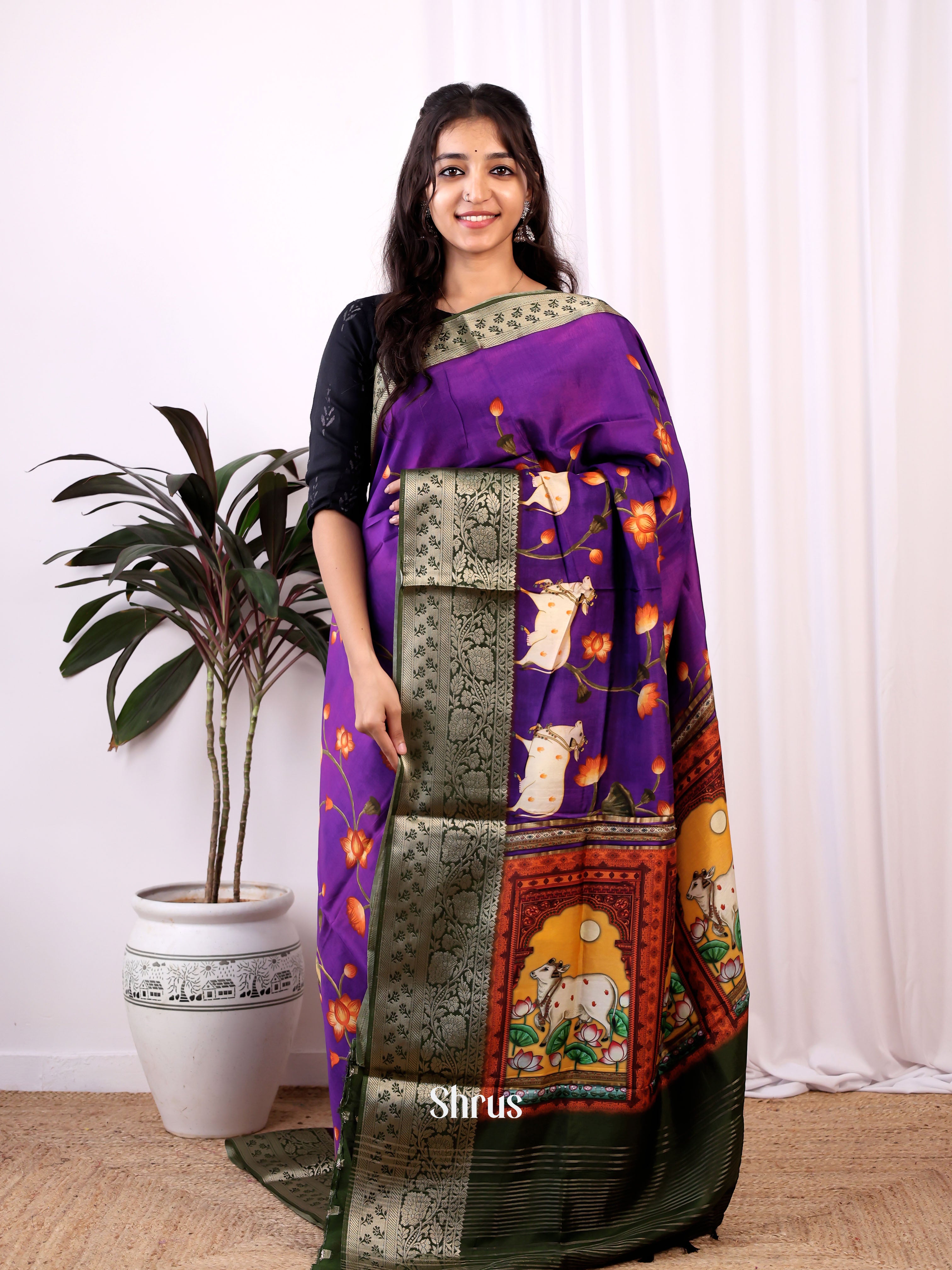 Purple & Green- Semi Dola silk Saree - Shop on Shrus.com