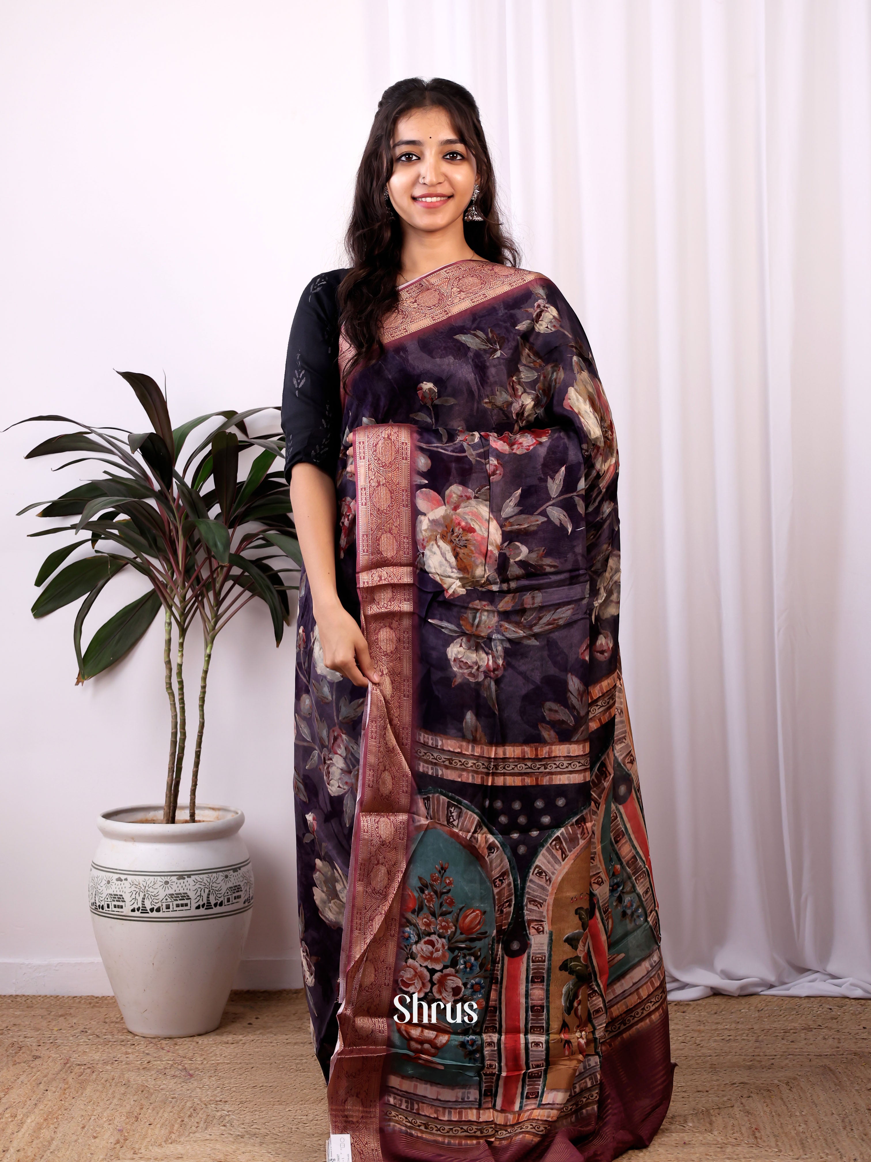 Violet & Brown- Semi Dola silk Saree - Shop on Shrus.com