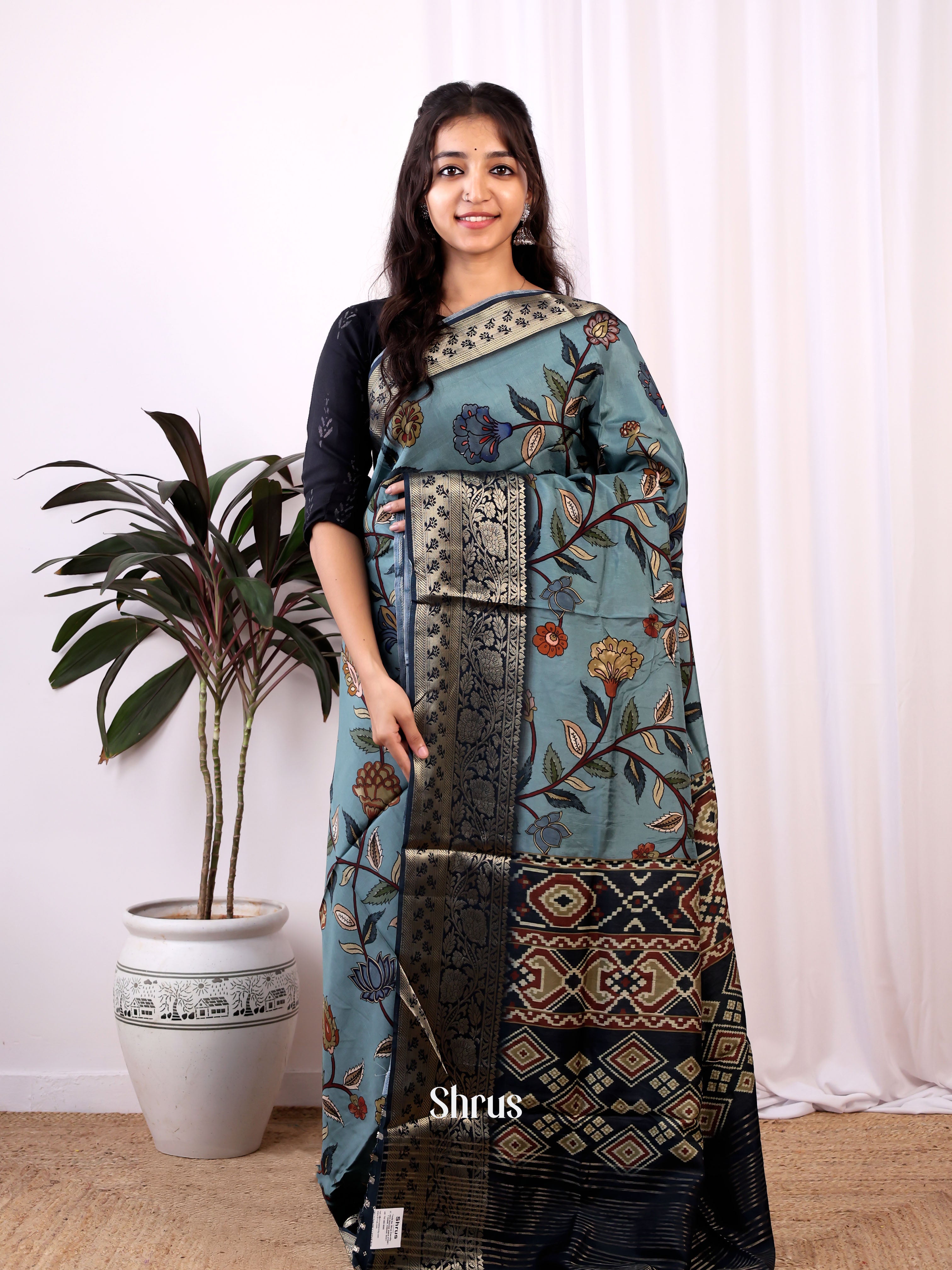 Blue - Semi Dola silk Saree - Shop on Shrus.com