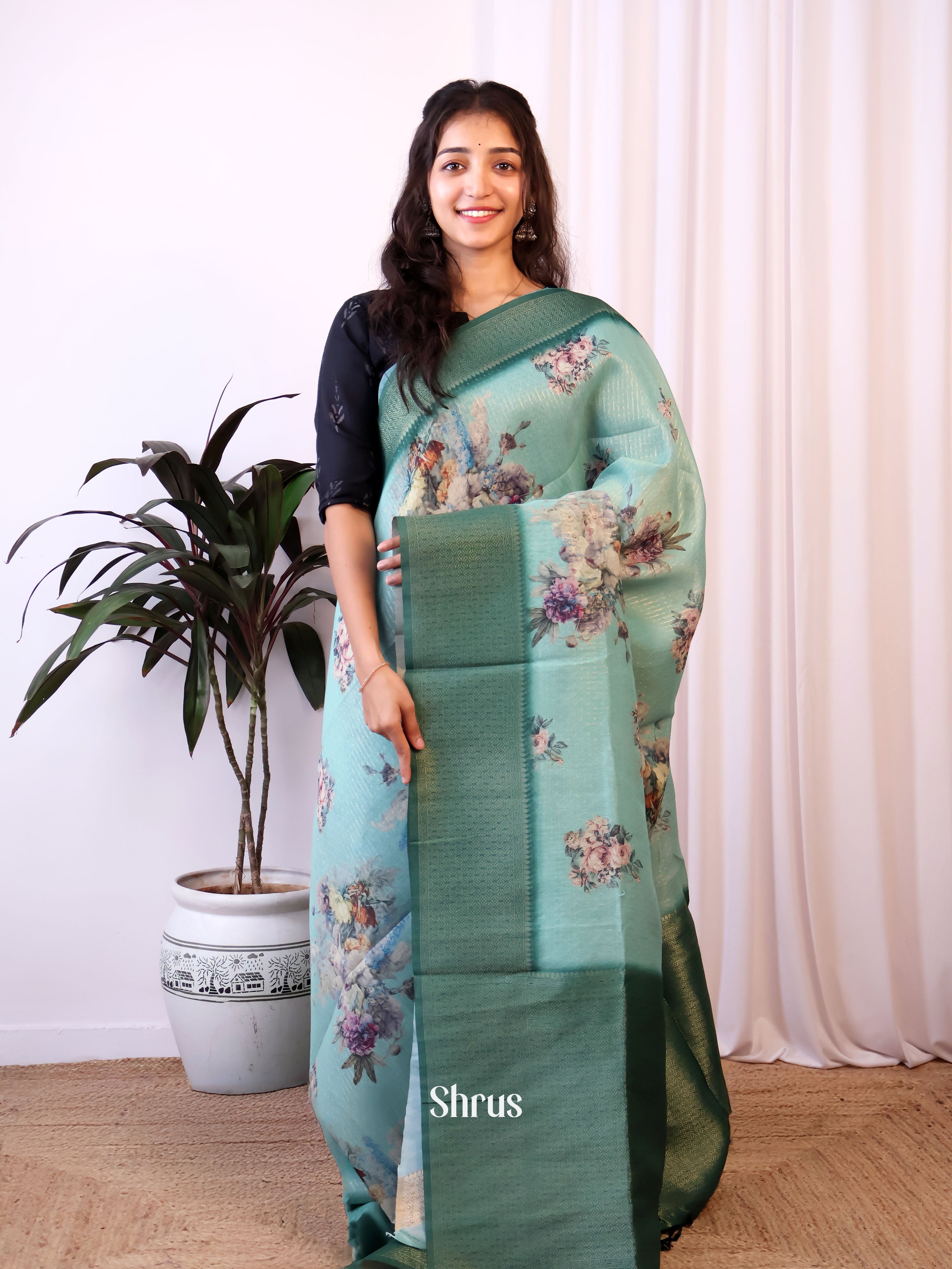 Green - Semi Jute Saree - Shop on Shrus.com
