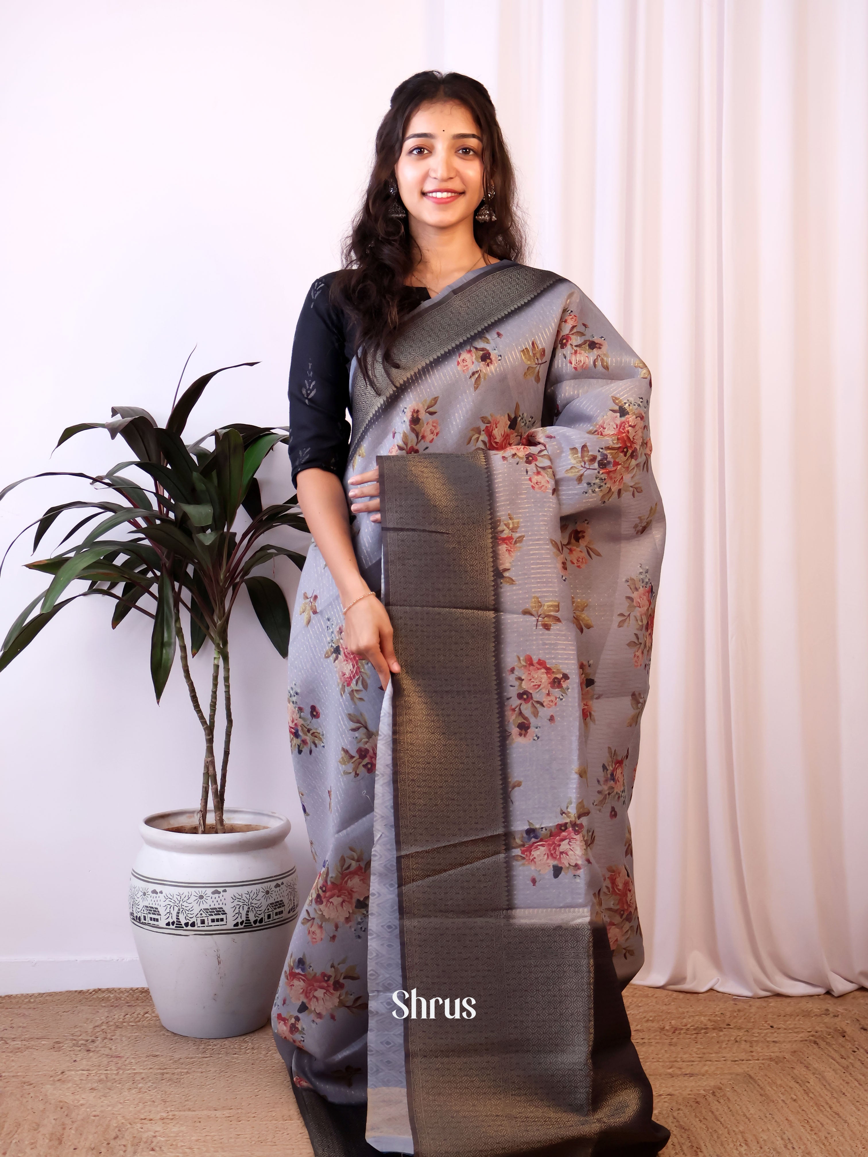 Grey & Black- Semi Jute Saree - Shop on Shrus.com
