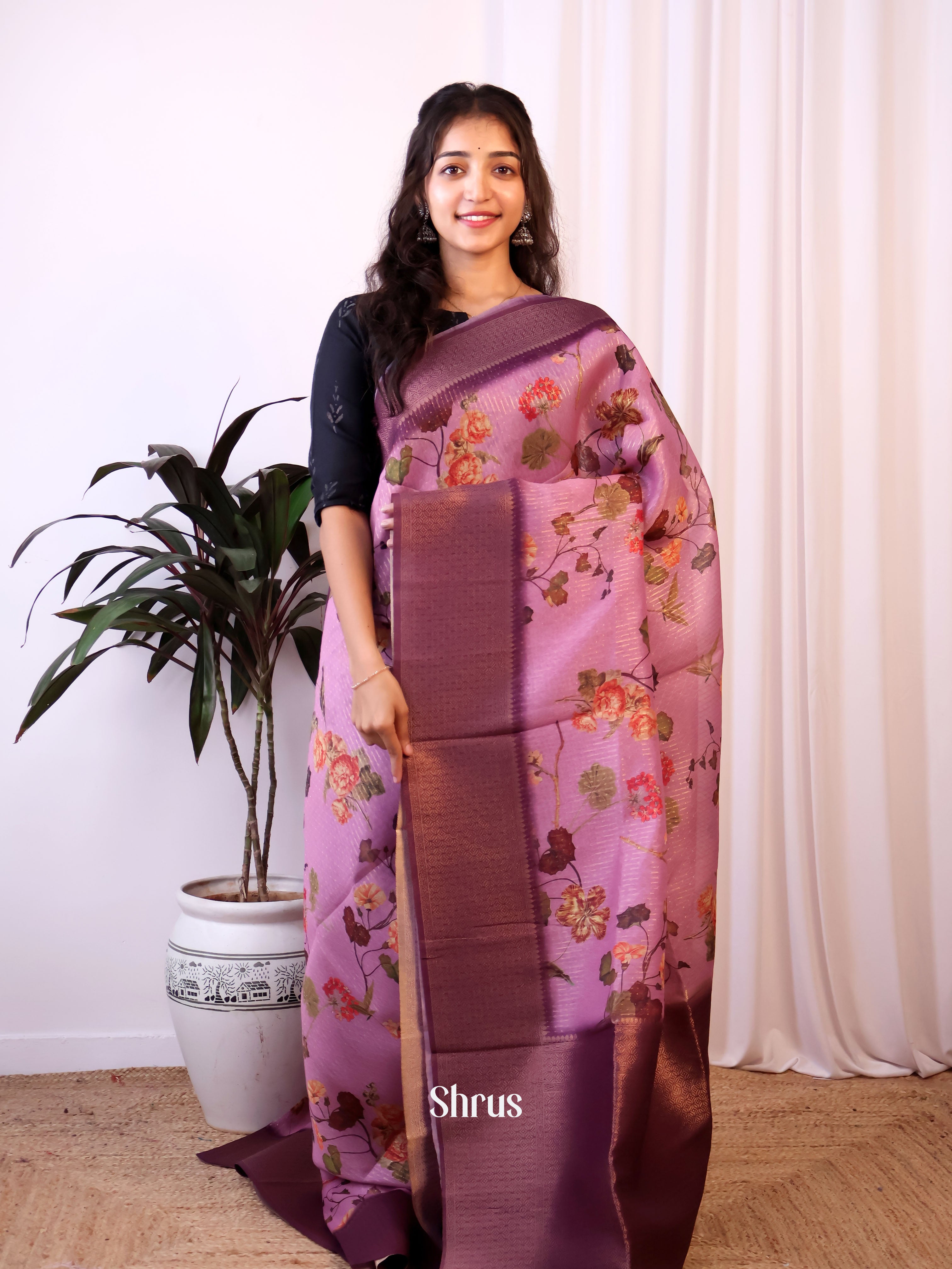 Lavender & Purple - Semi Jute Saree - Shop on Shrus.com