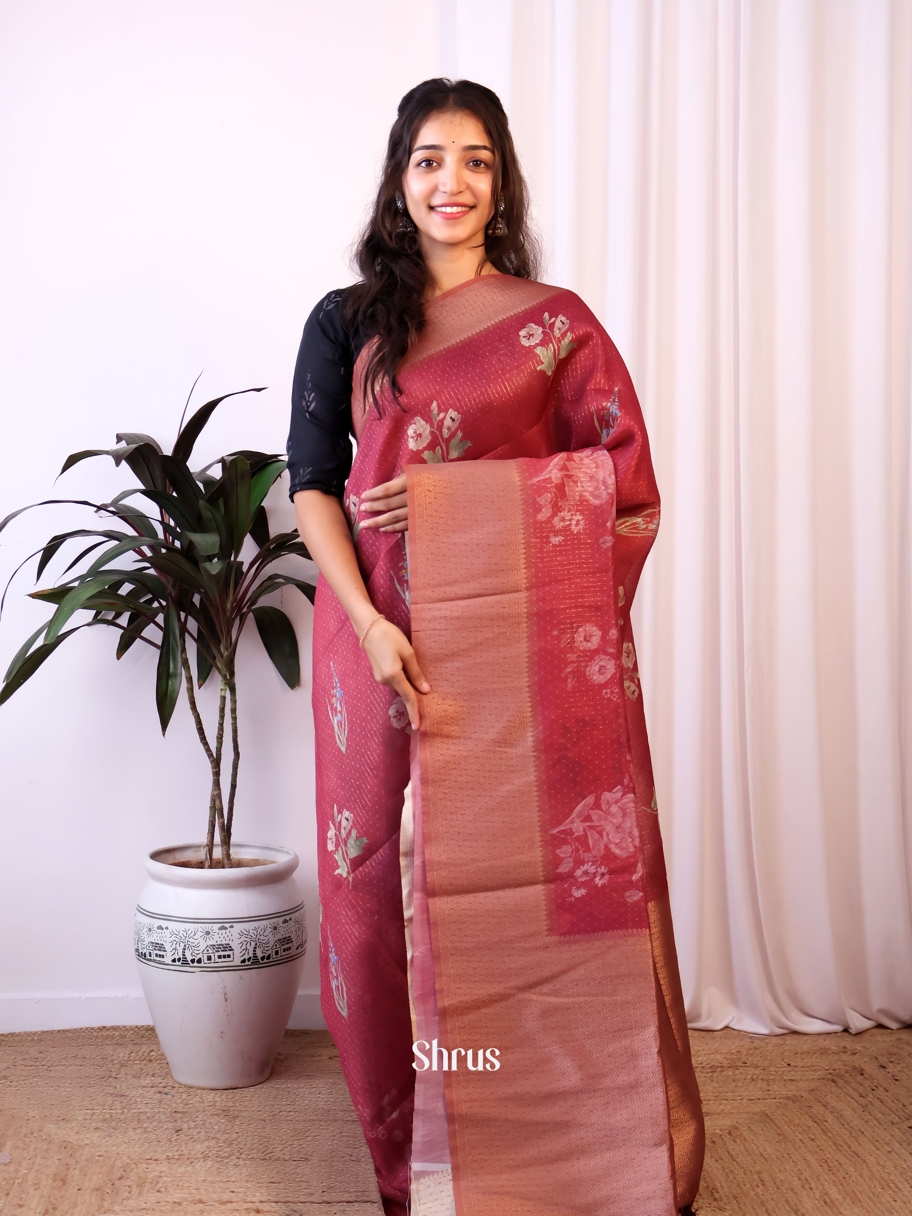 Maroon- Semi Jute Saree - Shop on Shrus.com