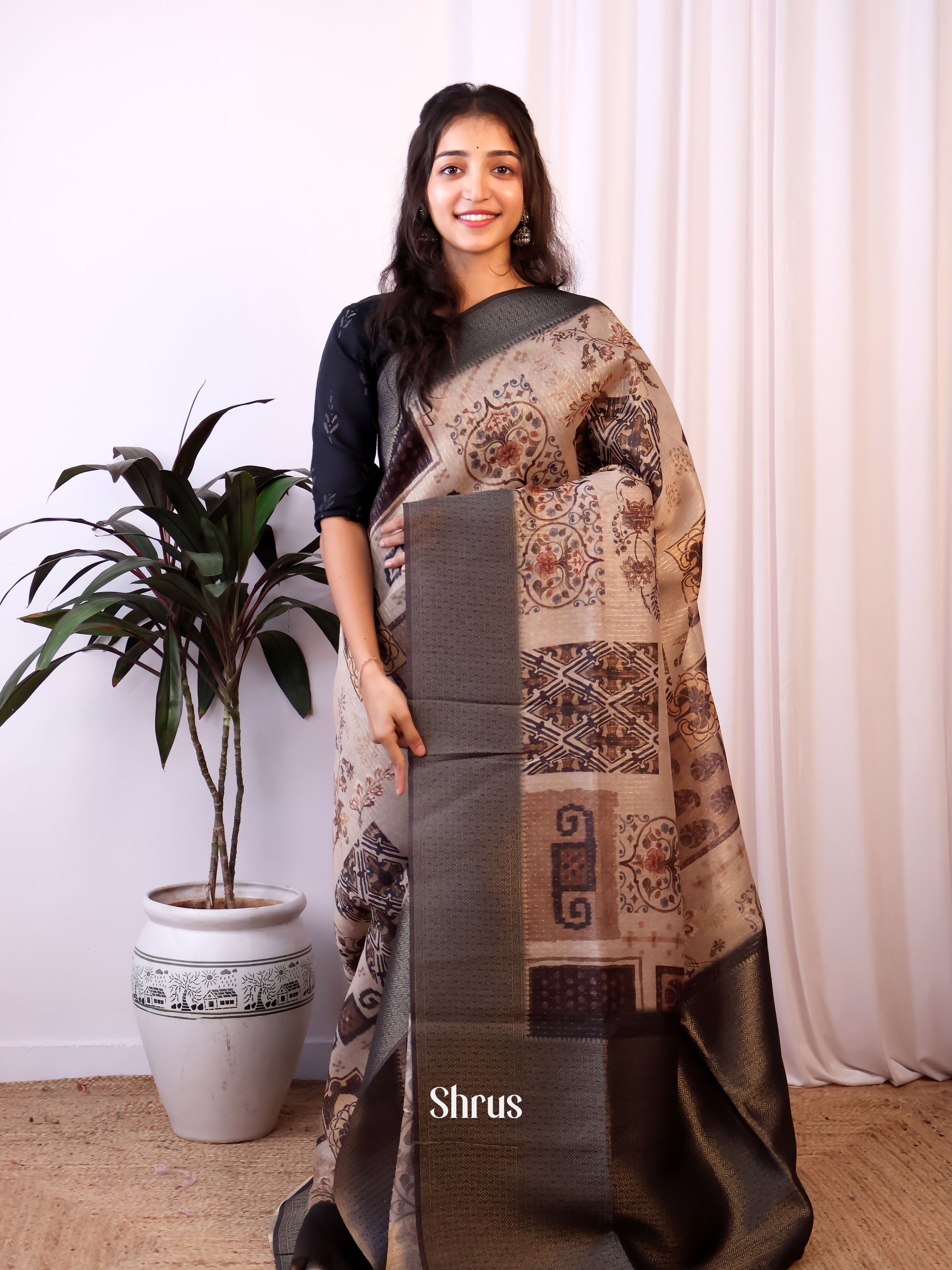 Beige & Black - Semi Jute Saree - Shop on Shrus.com