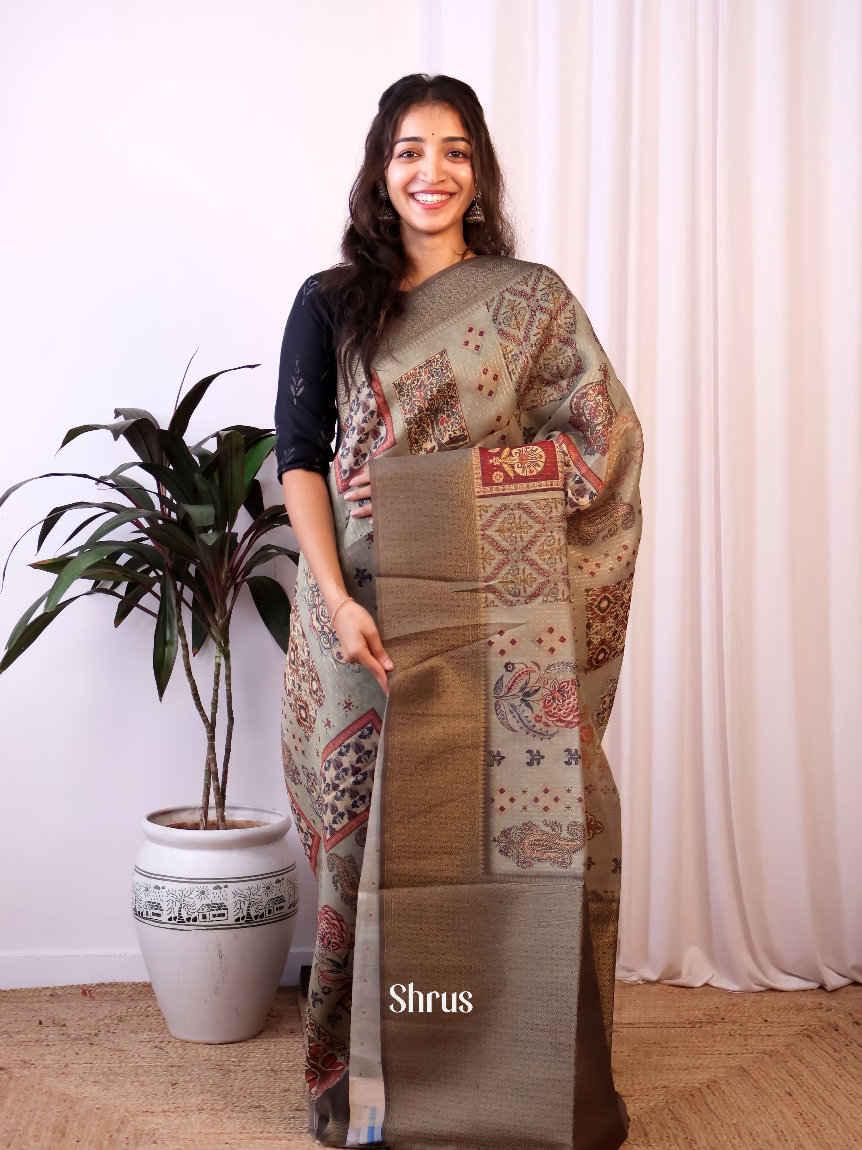 Grey - Semi Jute Saree - Shop on Shrus.com