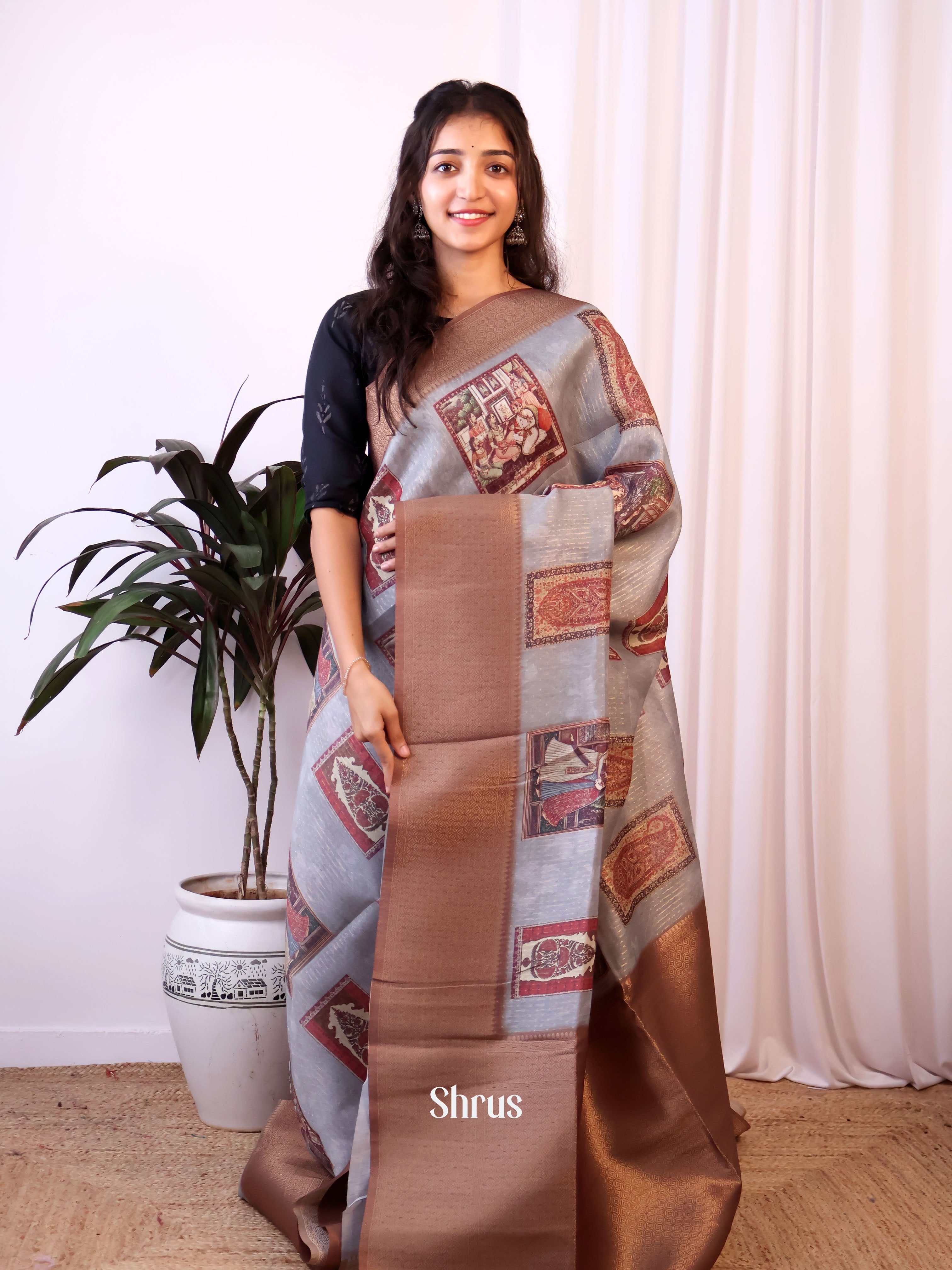 grey & Brown- Semi Jute Saree - Shop on Shrus.com