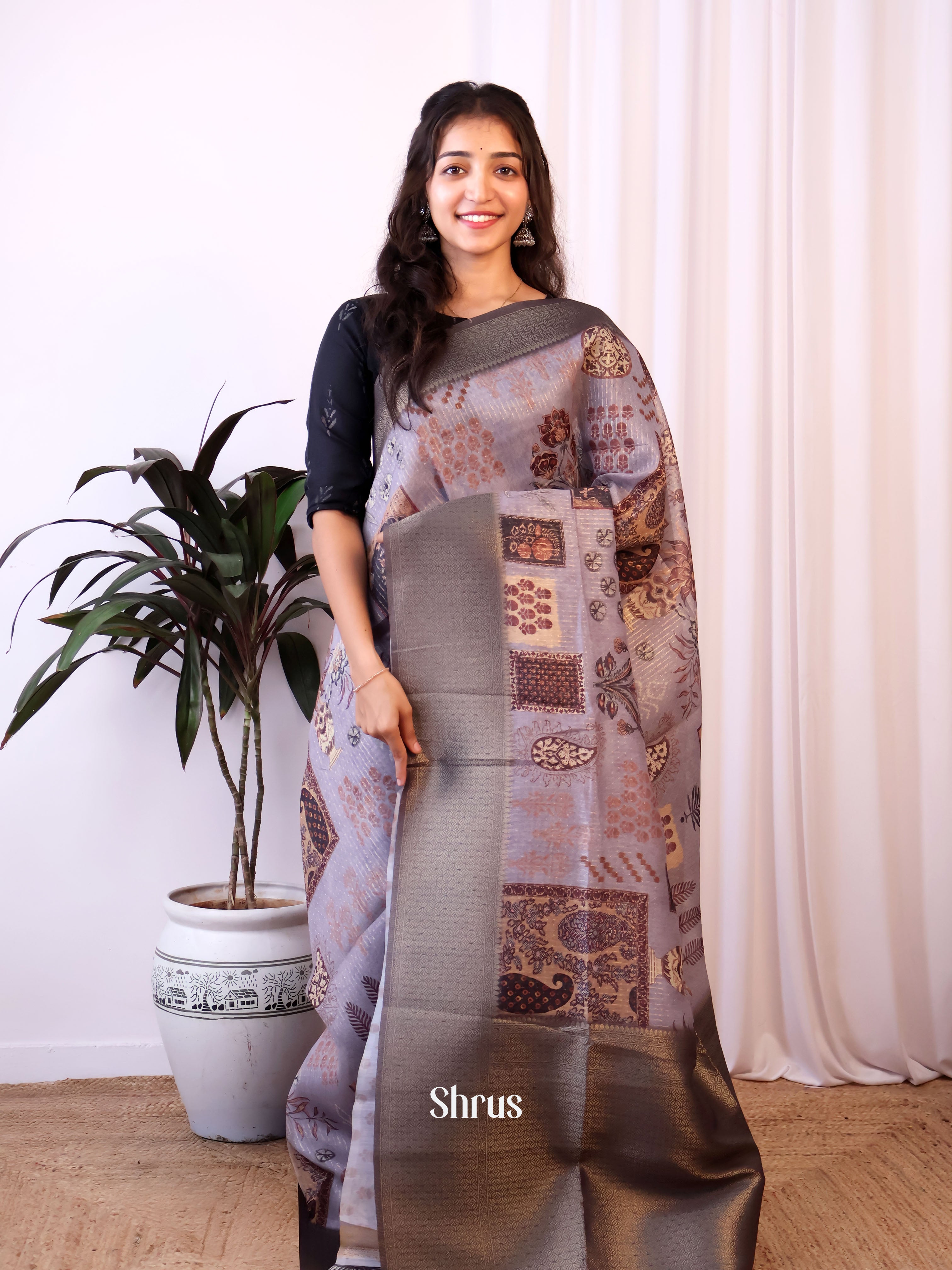 Purple & Grey - Semi Jute Saree - Shop on Shrus.com
