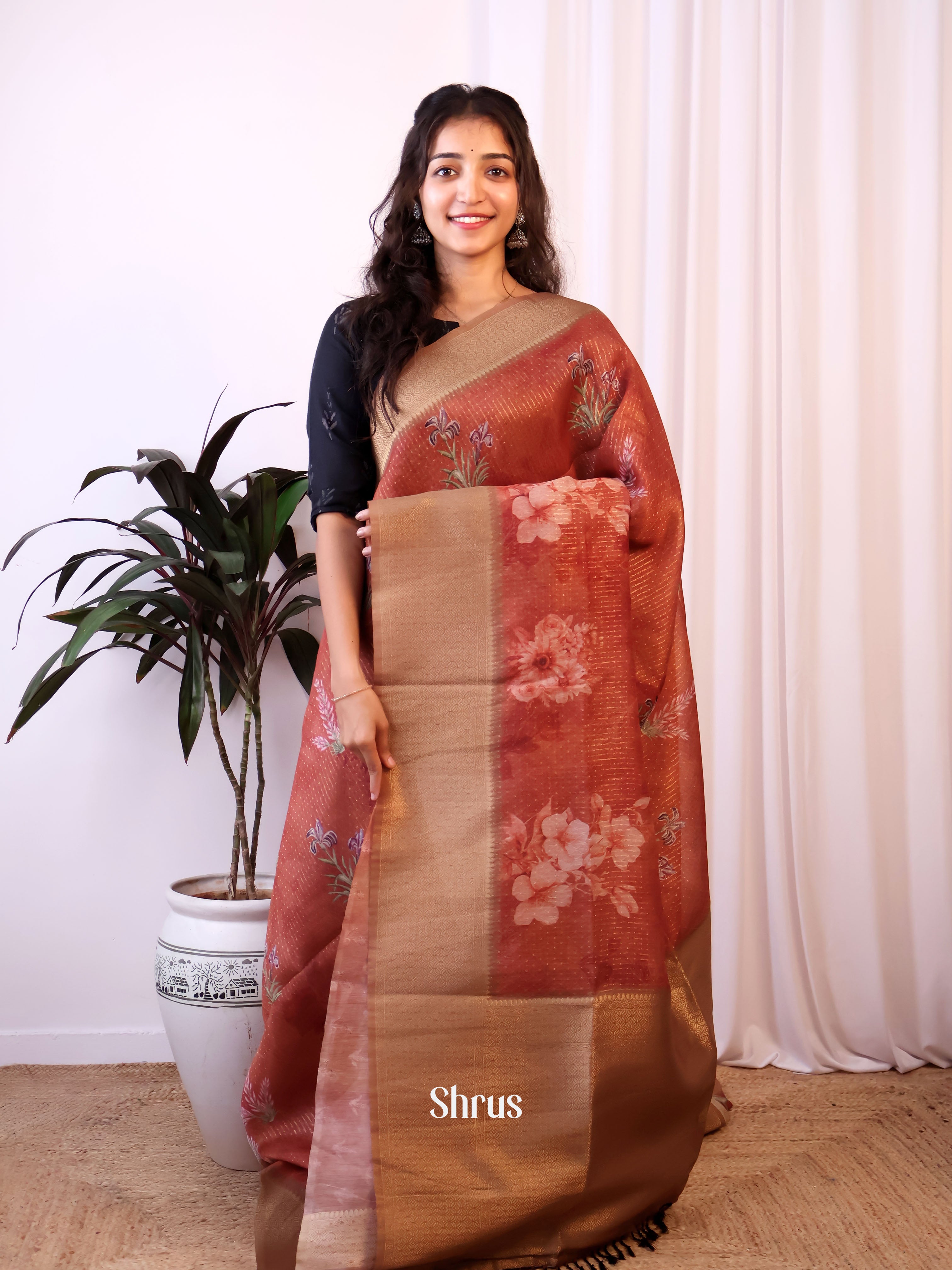 Brick & Brown - Semi Jute Saree - Shop on Shrus.com