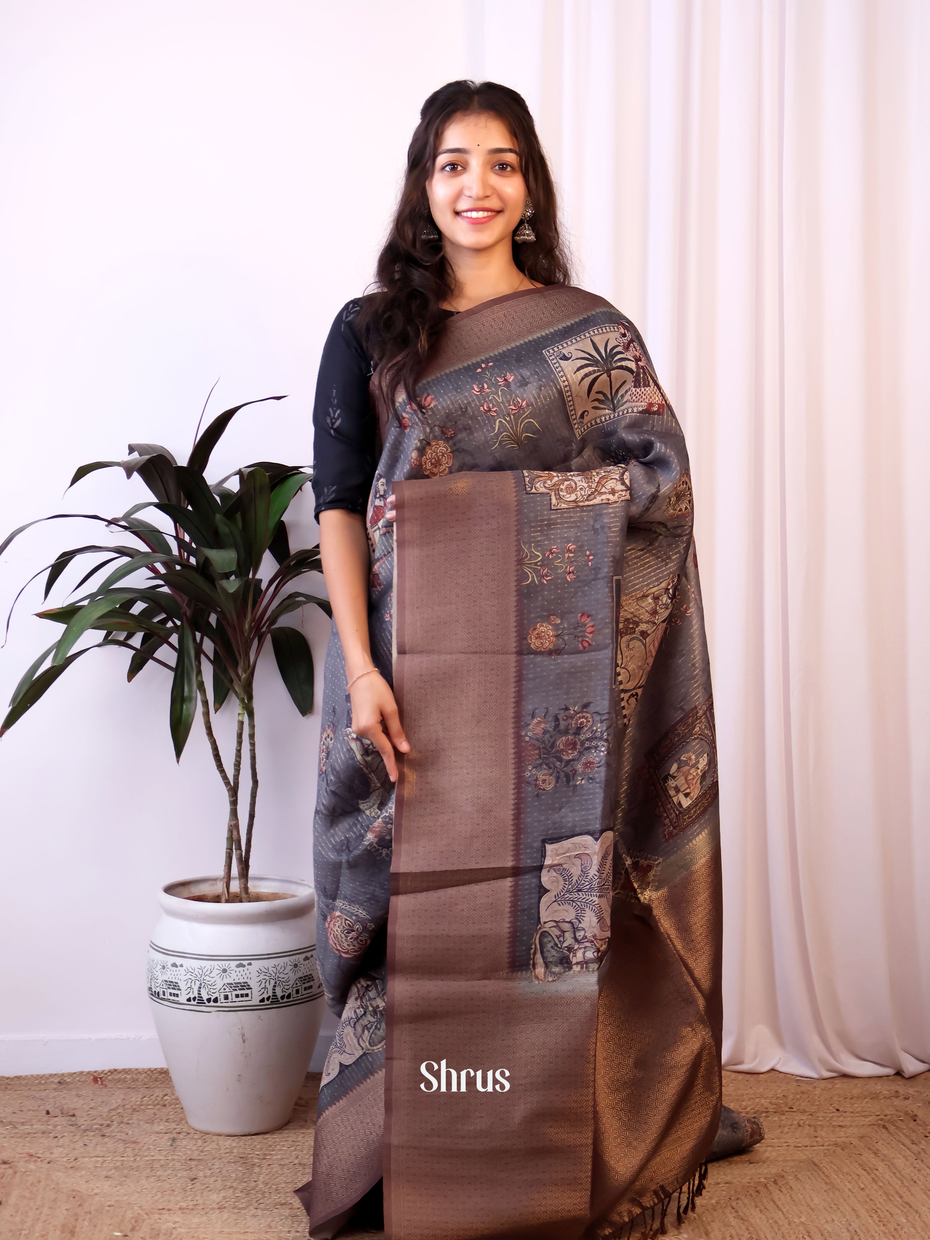 Grey& Brown - Semi Jute Saree - Shop on Shrus.com