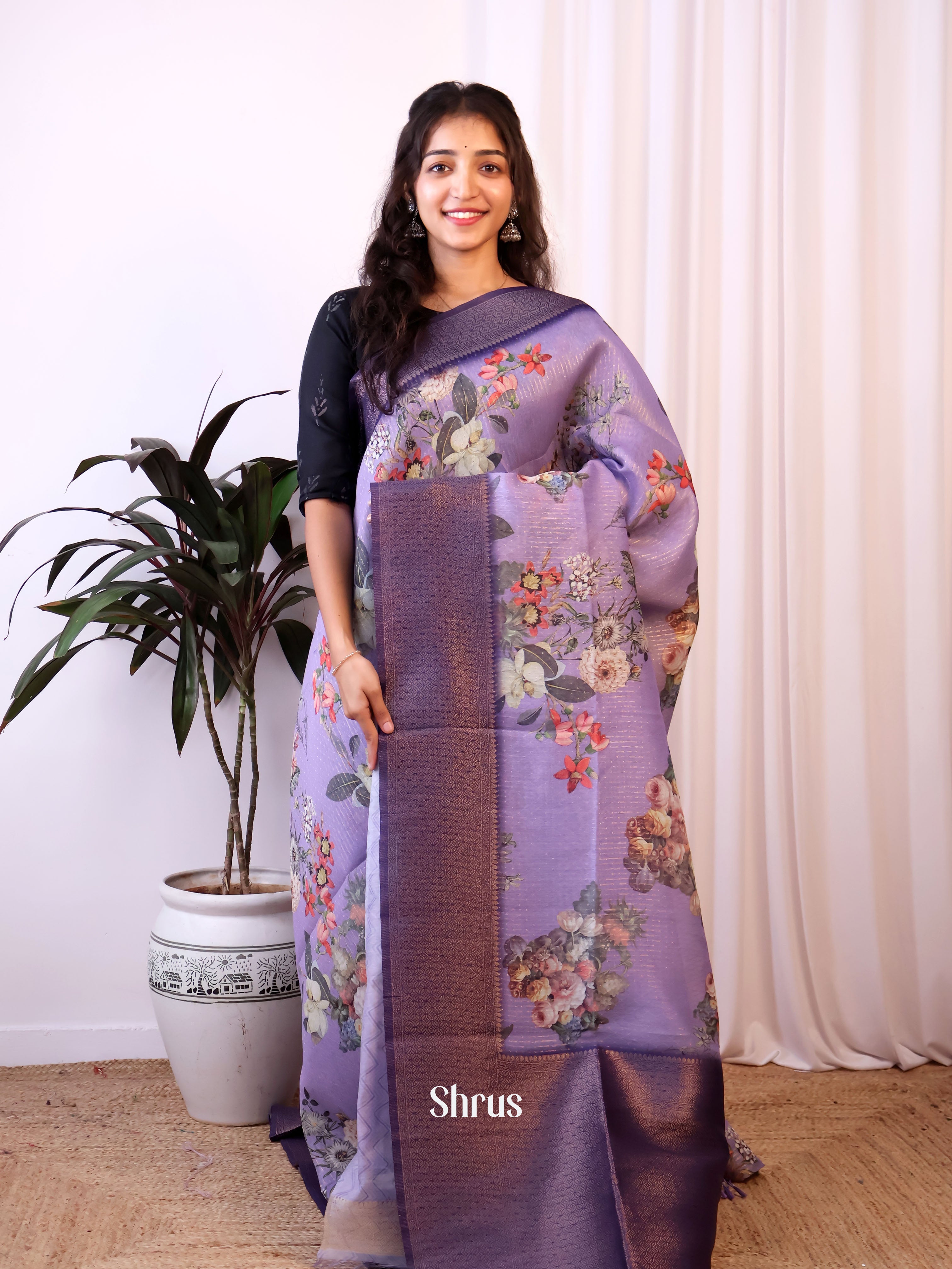 Lavender & Purple- Semi Jute Saree - Shop on Shrus.com