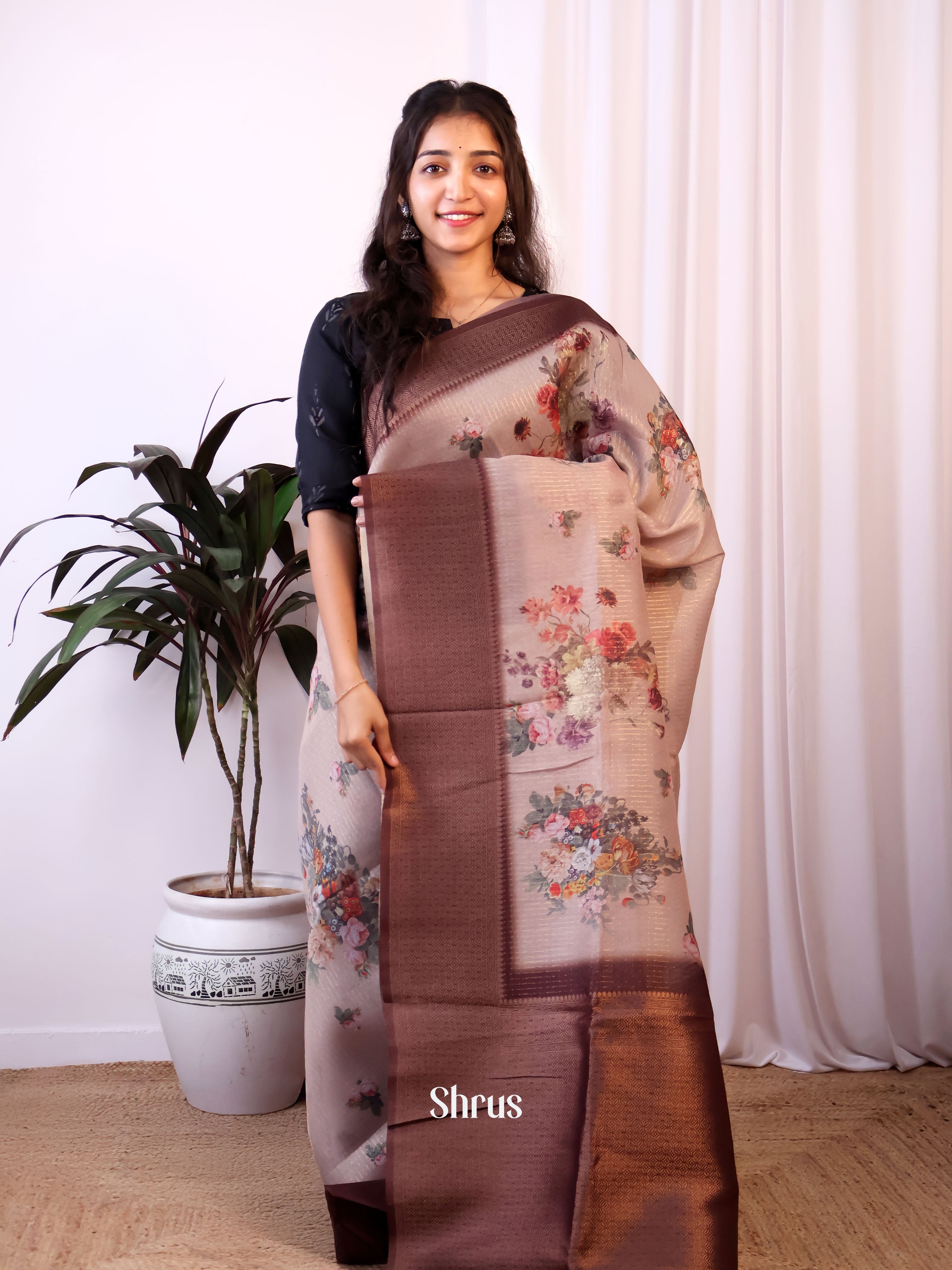 Grey & Brown - Semi Jute Saree - Shop on Shrus.com