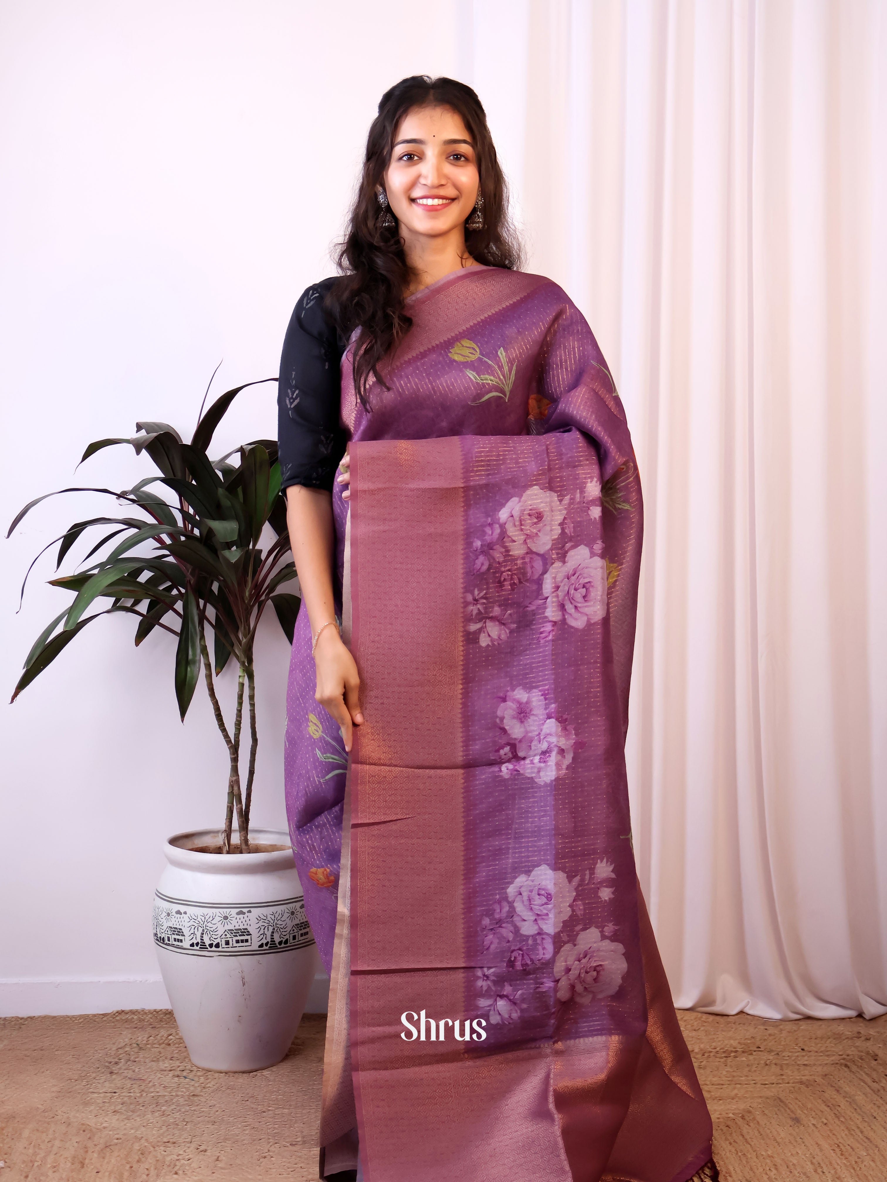 Purple- Semi Jute Saree - Shop on Shrus.com