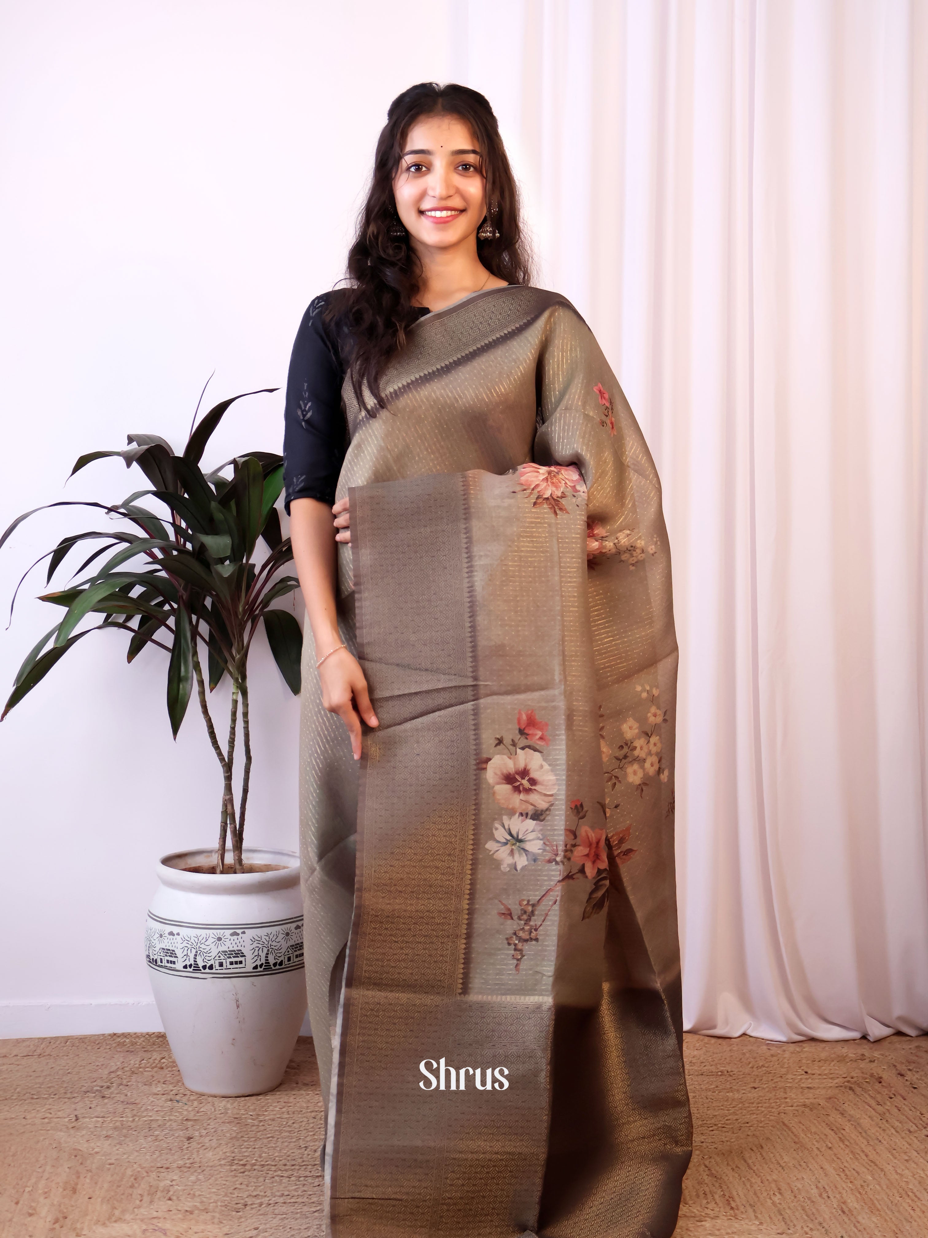 Grey - Semi Jute Saree - Shop on Shrus.com