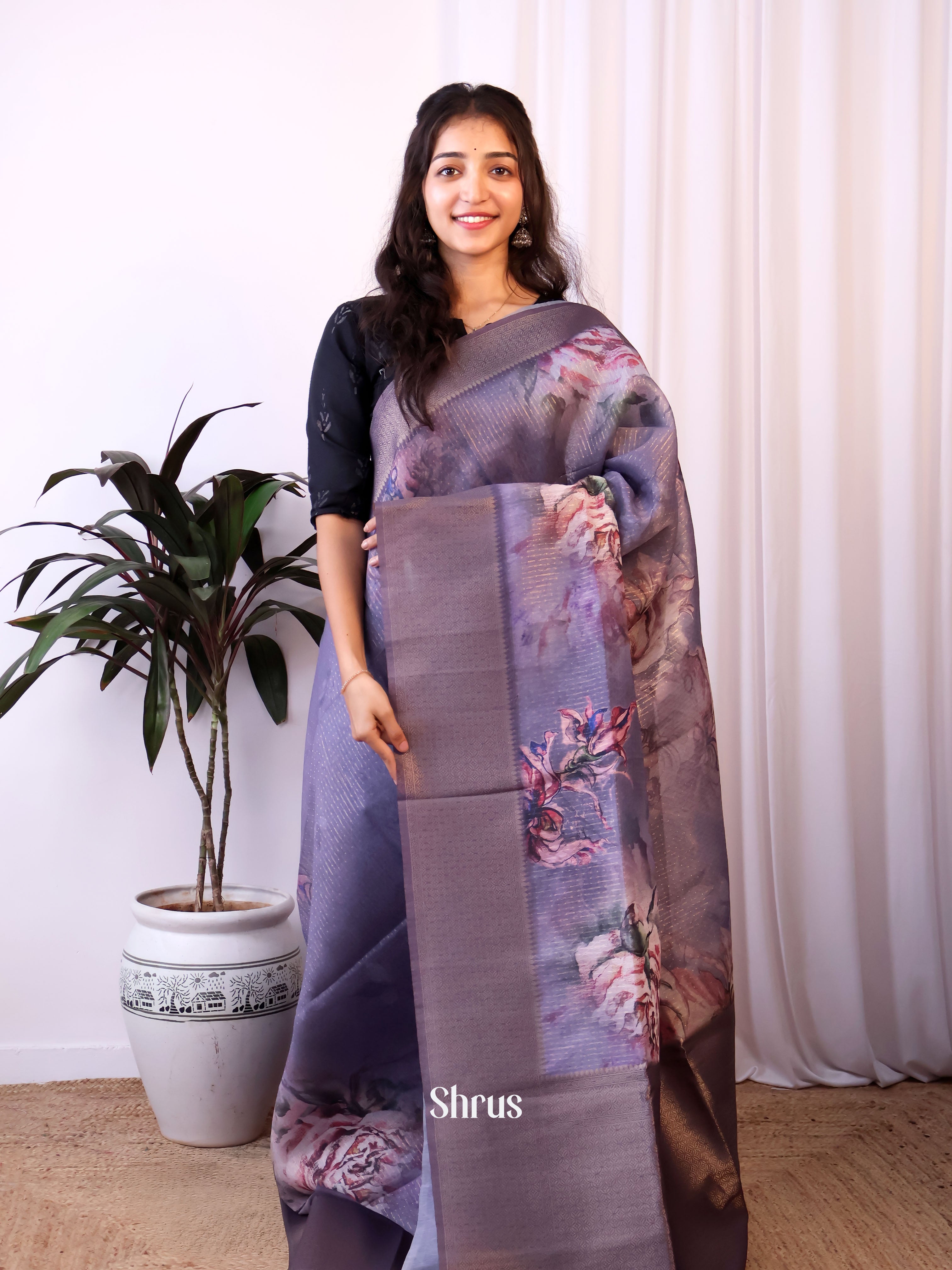 Purple - Semi Jute Saree - Shop on Shrus.com