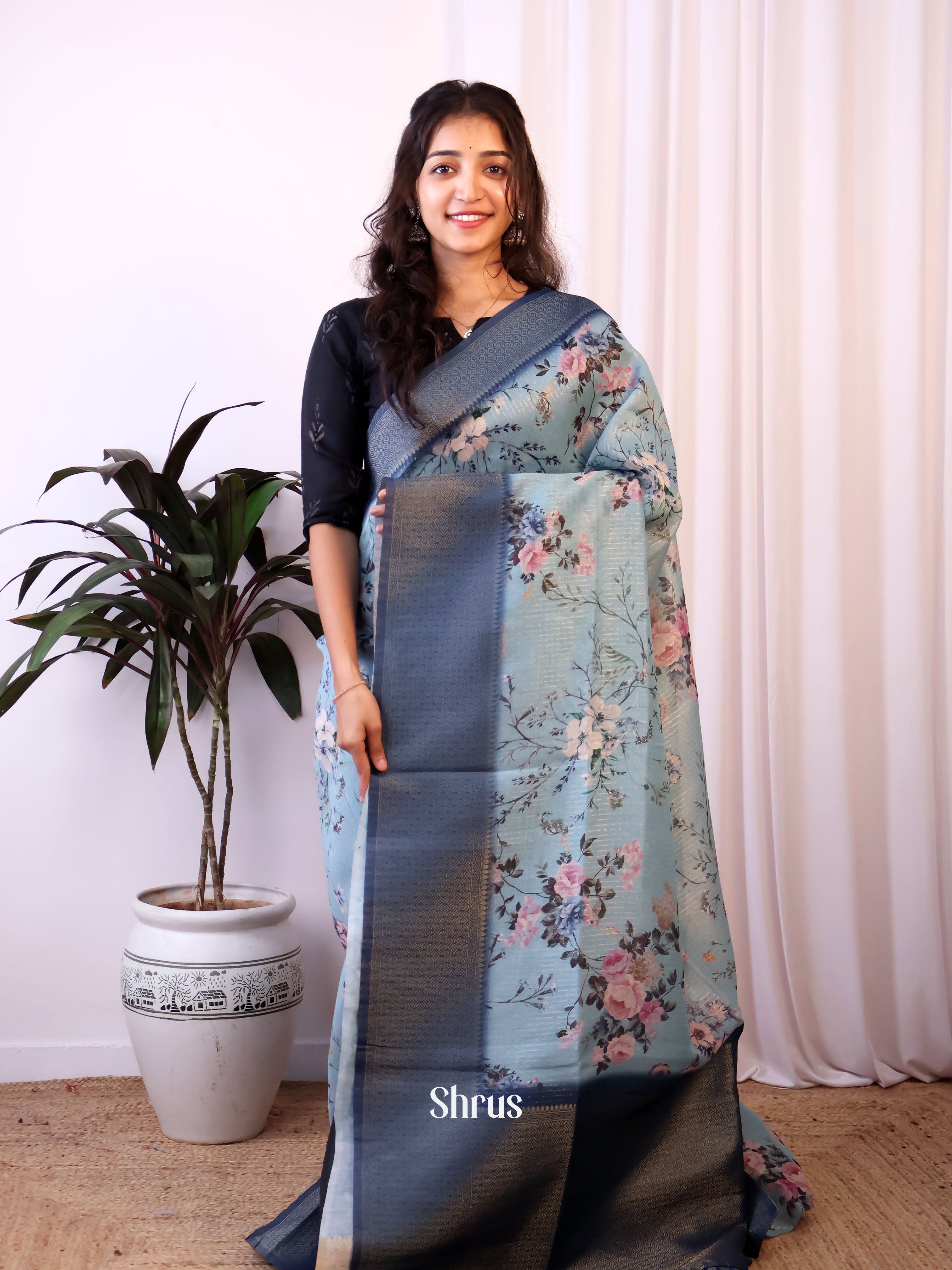 Lite & Dark Blue - Semi Jute Saree - Shop on Shrus.com