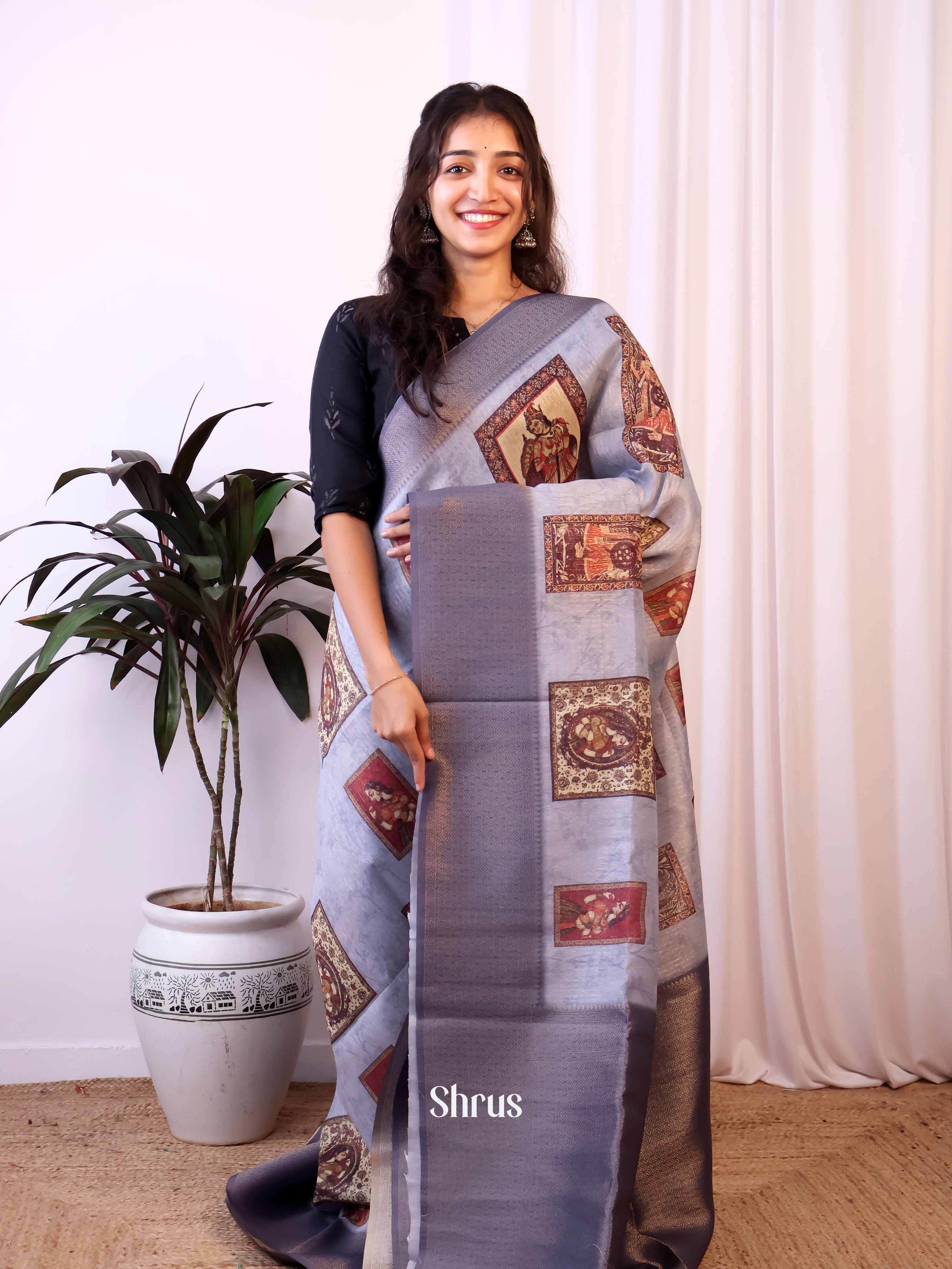 Blue & Grey - Semi Jute Saree - Shop on Shrus.com