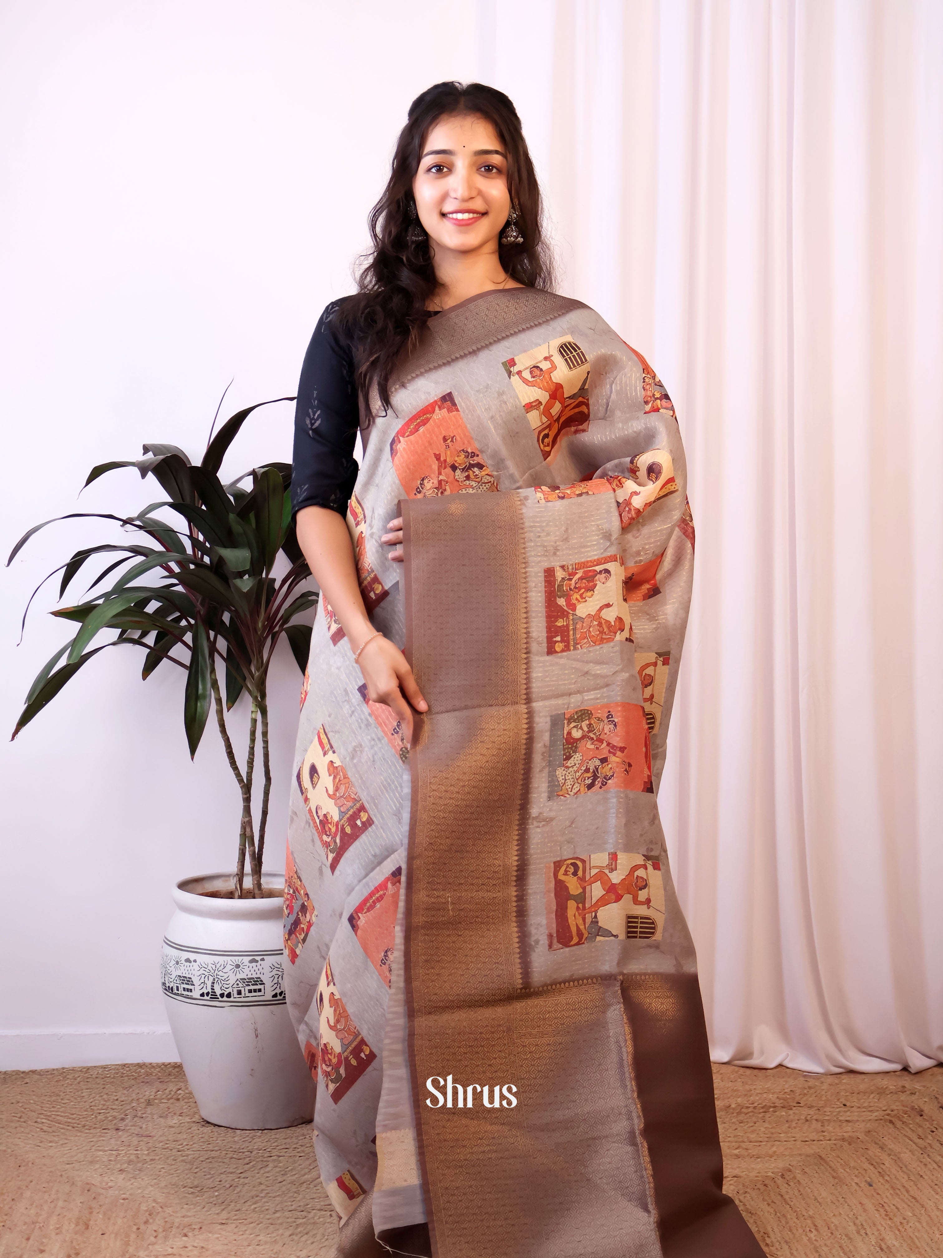 Grey & Brown- Semi Jute Saree - Shop on Shrus.com