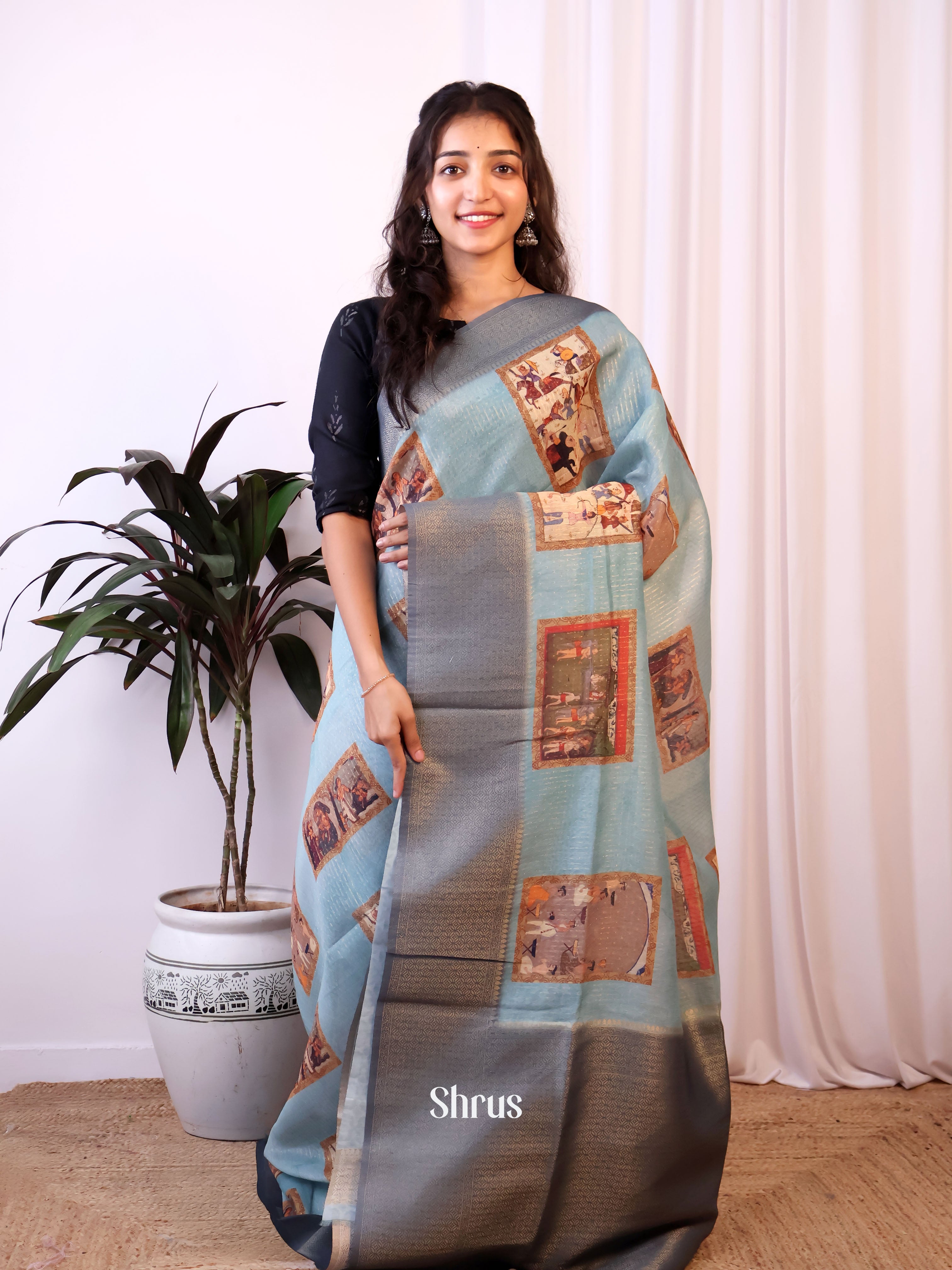 Blue - Semi Jute Saree - Shop on Shrus.com