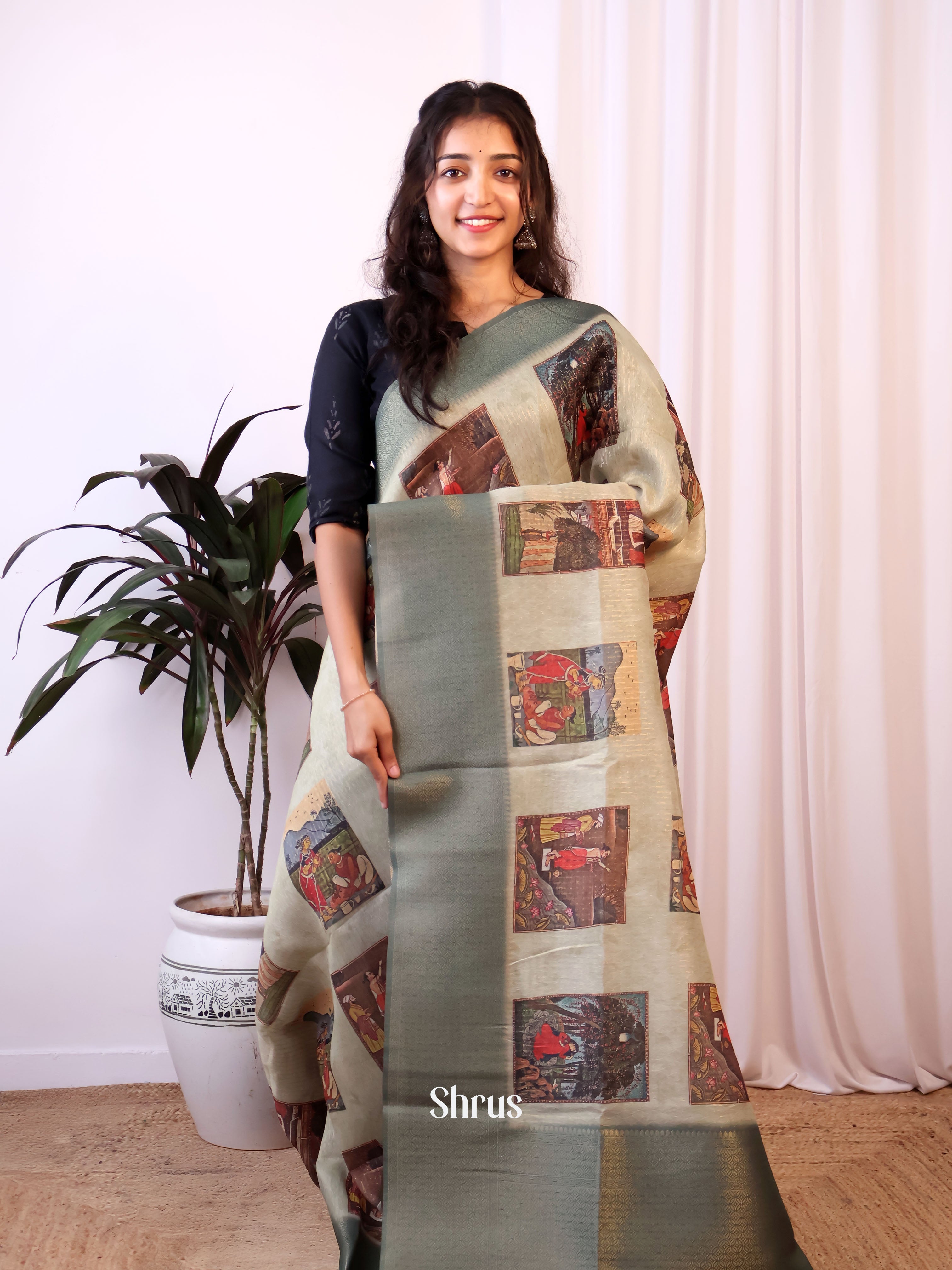 Lite Green & Green - Semi Jute Saree - Shop on Shrus.com