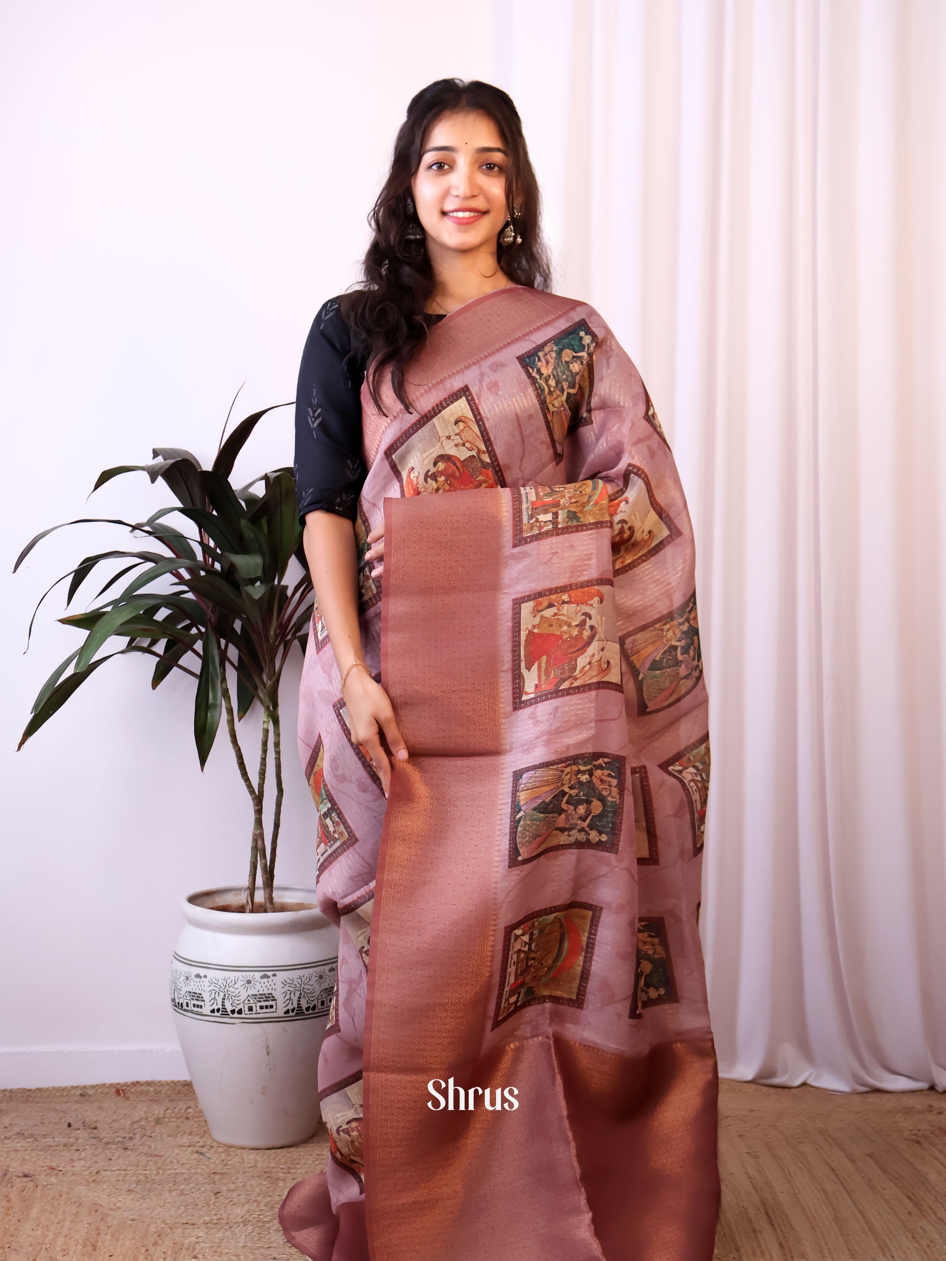 Purple & Brown - Semi Jute Saree - Shop on Shrus.com