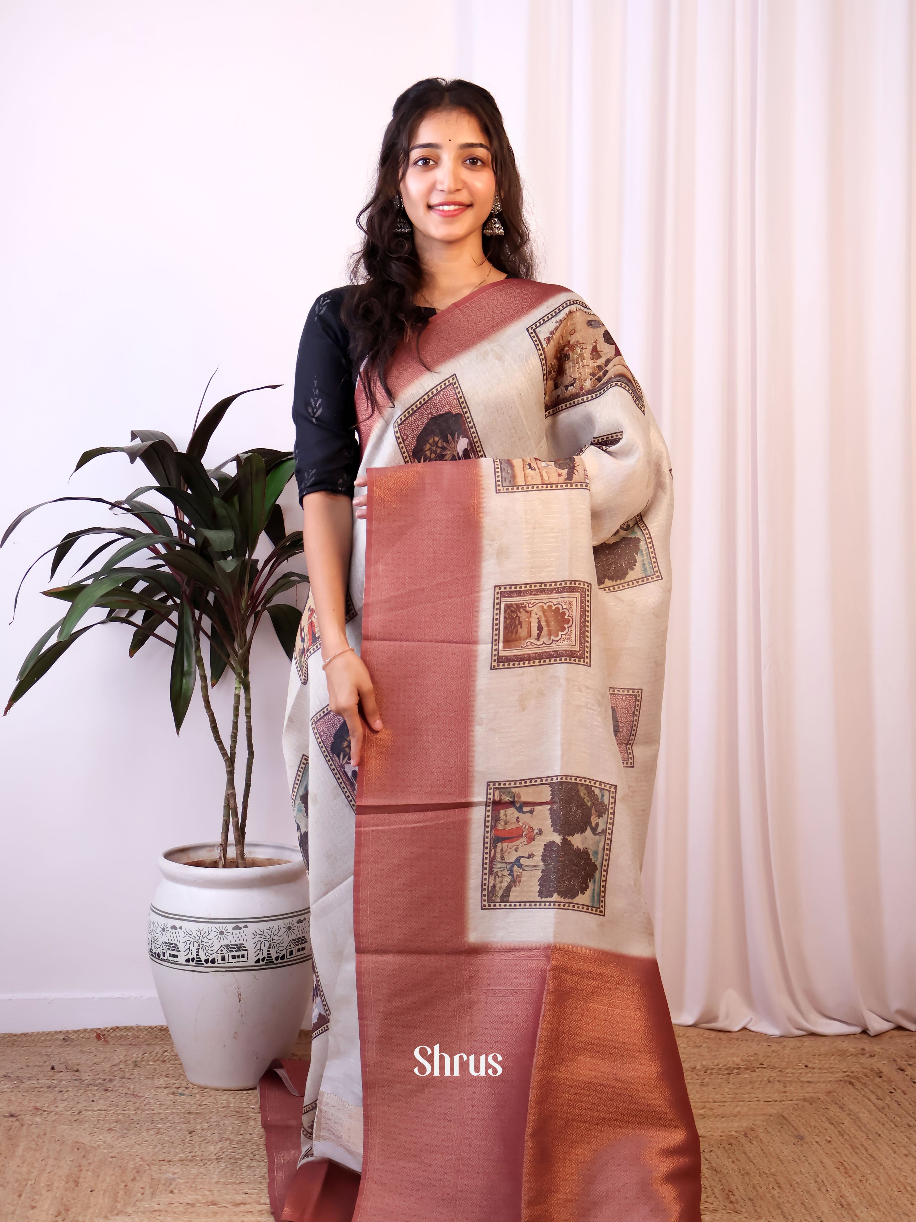 Grey& Brown - Semi Jute Saree - Shop on Shrus.com