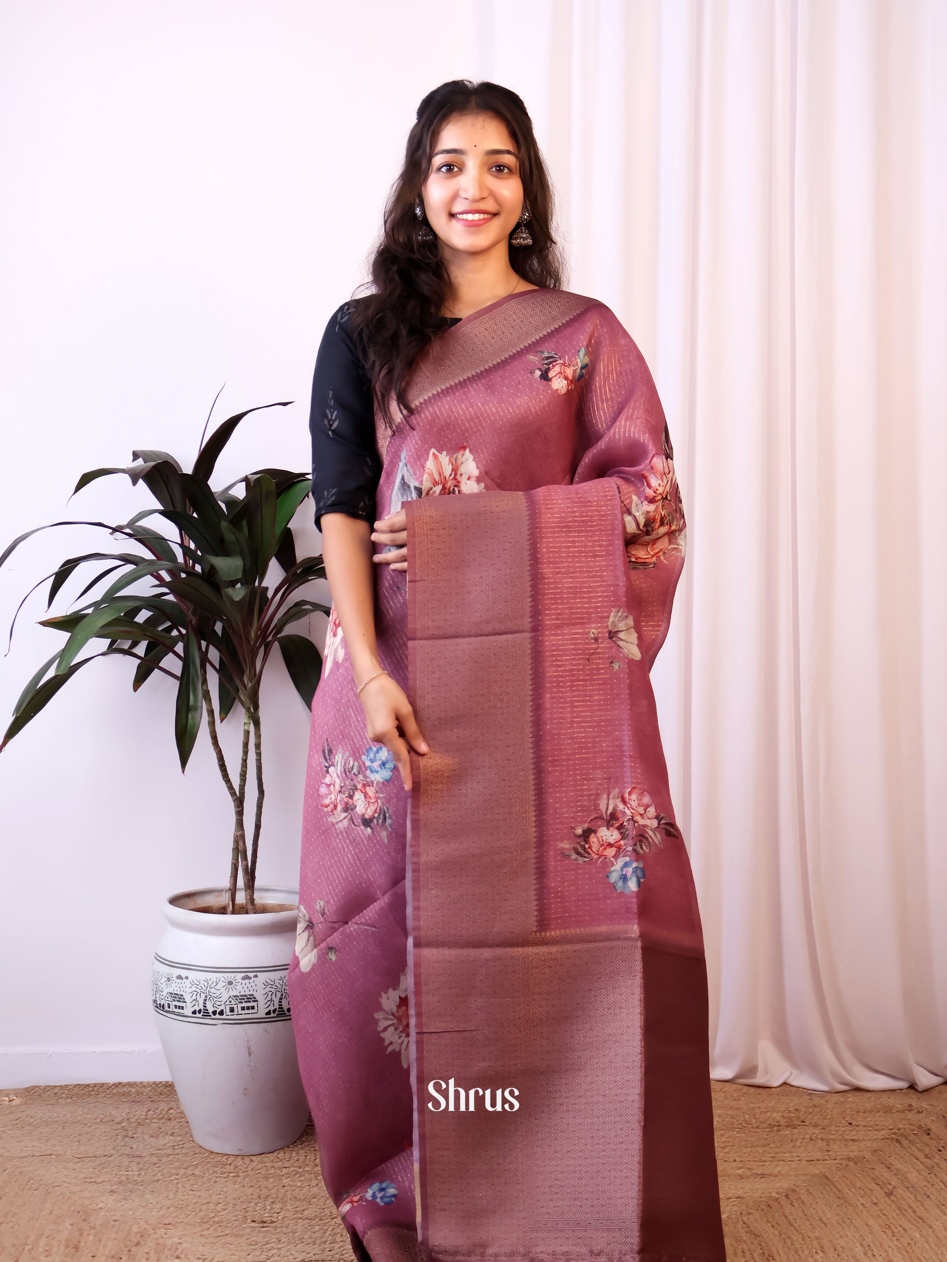 Purple- Semi Jute Saree - Shop on Shrus.com