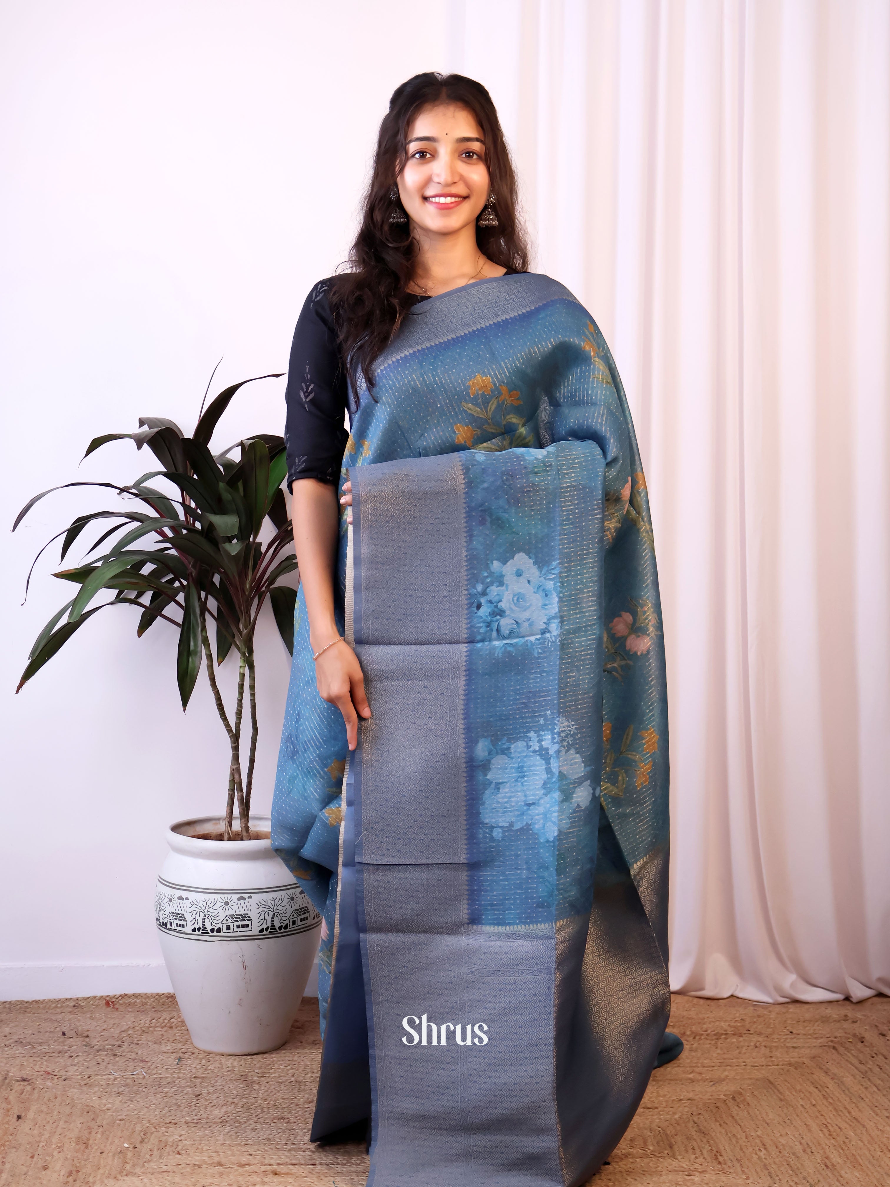 Blue - Semi Jute Saree - Shop on Shrus.com