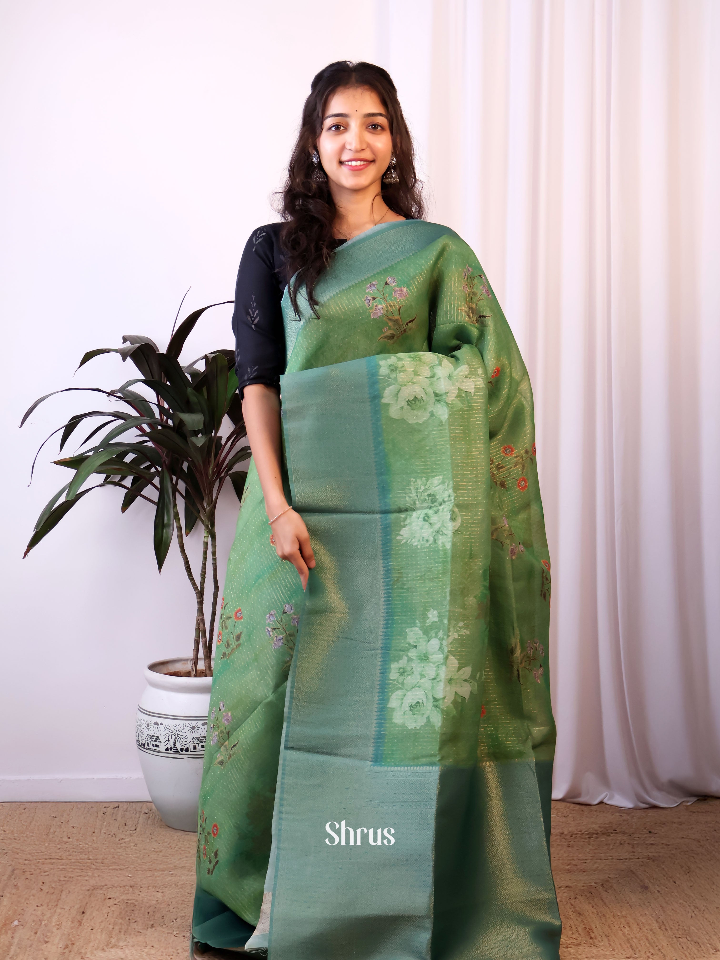 green - Semi Jute Saree - Shop on Shrus.com