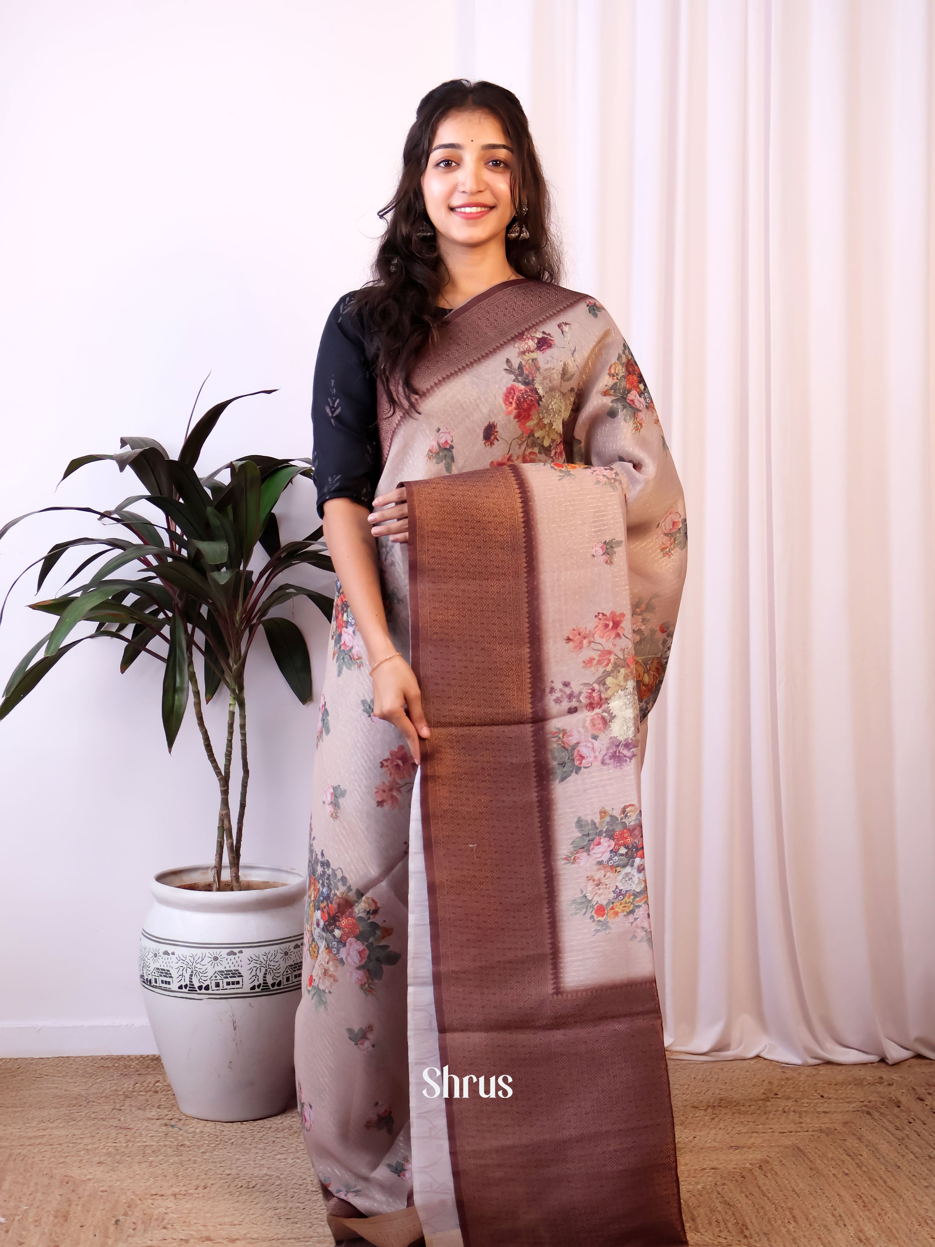 Grey & Brown - Semi Jute Saree - Shop on Shrus.com