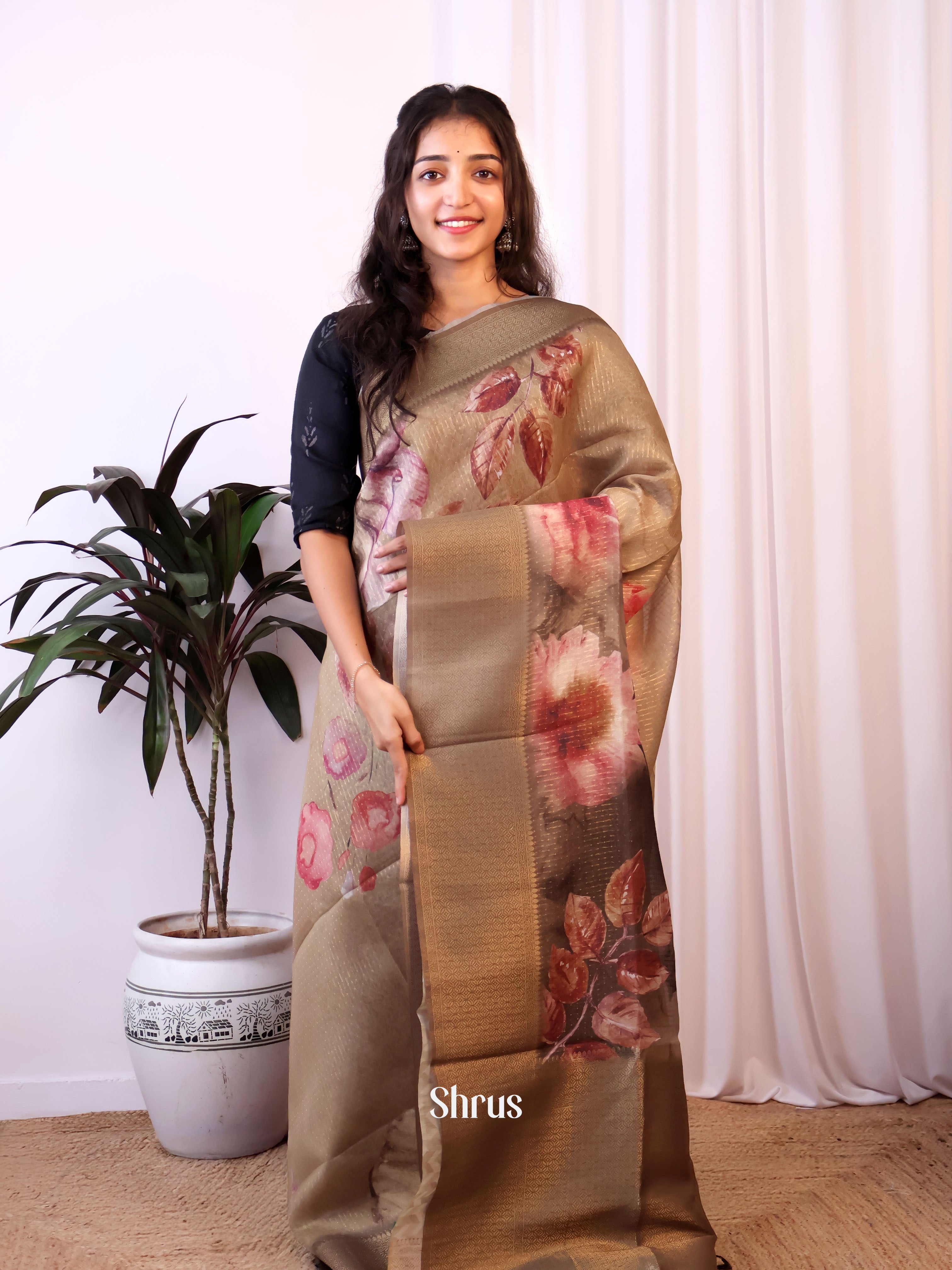 Lite Brown - Semi Jute Saree - Shop on Shrus.com