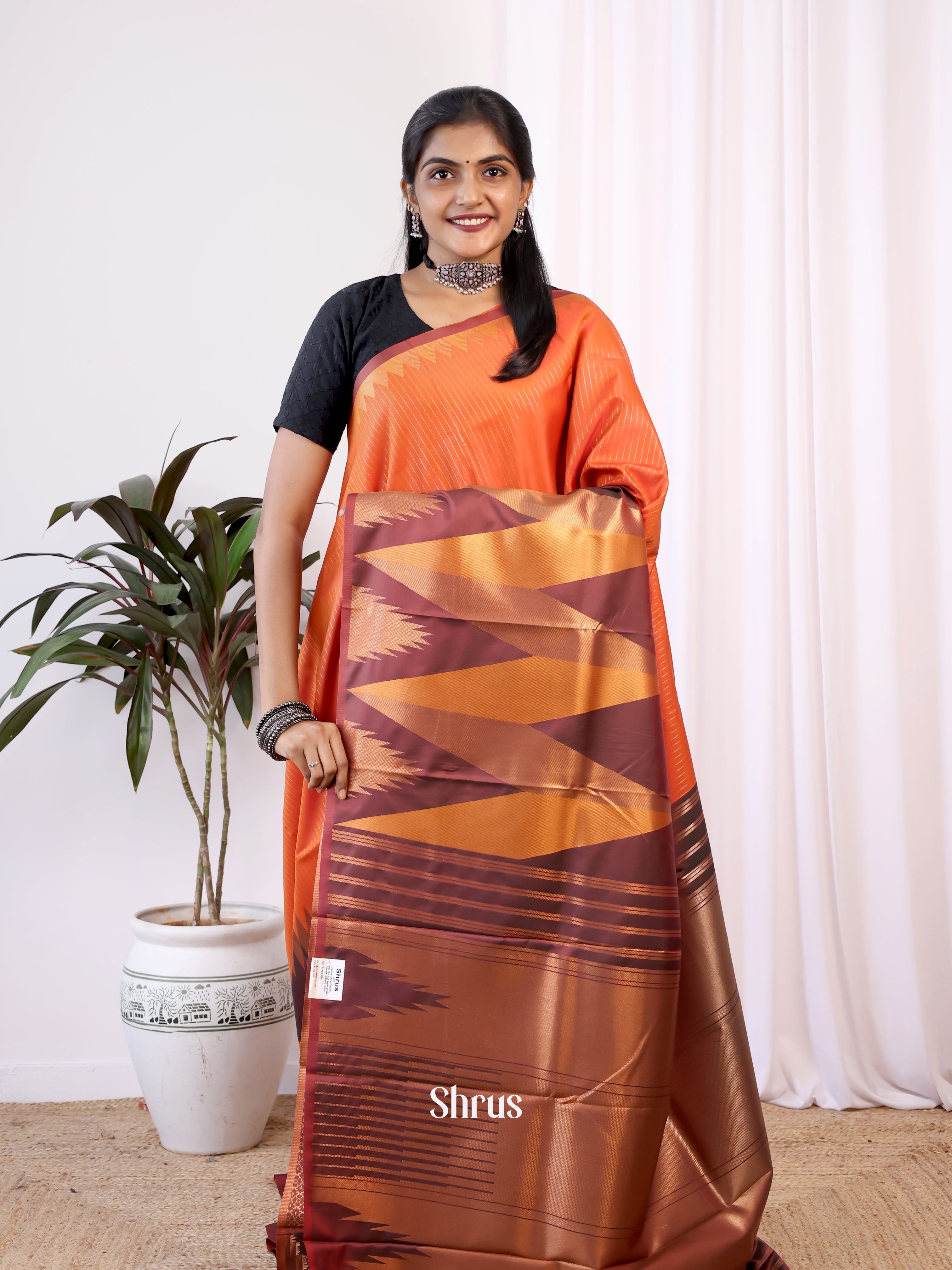Orange & Brown - Semi Kanchipuram Saree - Shop on Shrus.com