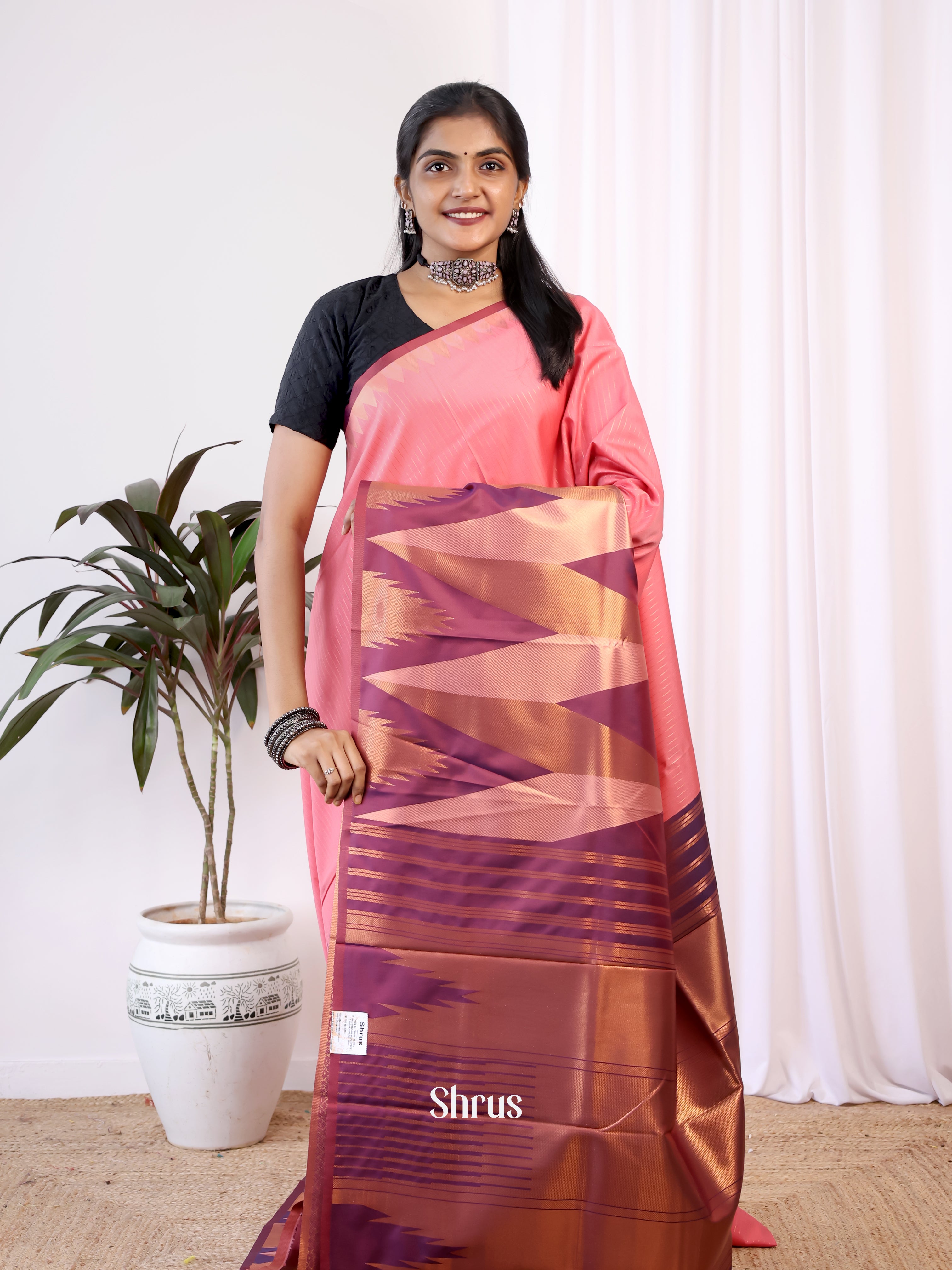 Pink & Purple - Semi Kanchipuram Saree - Shop on Shrus.com