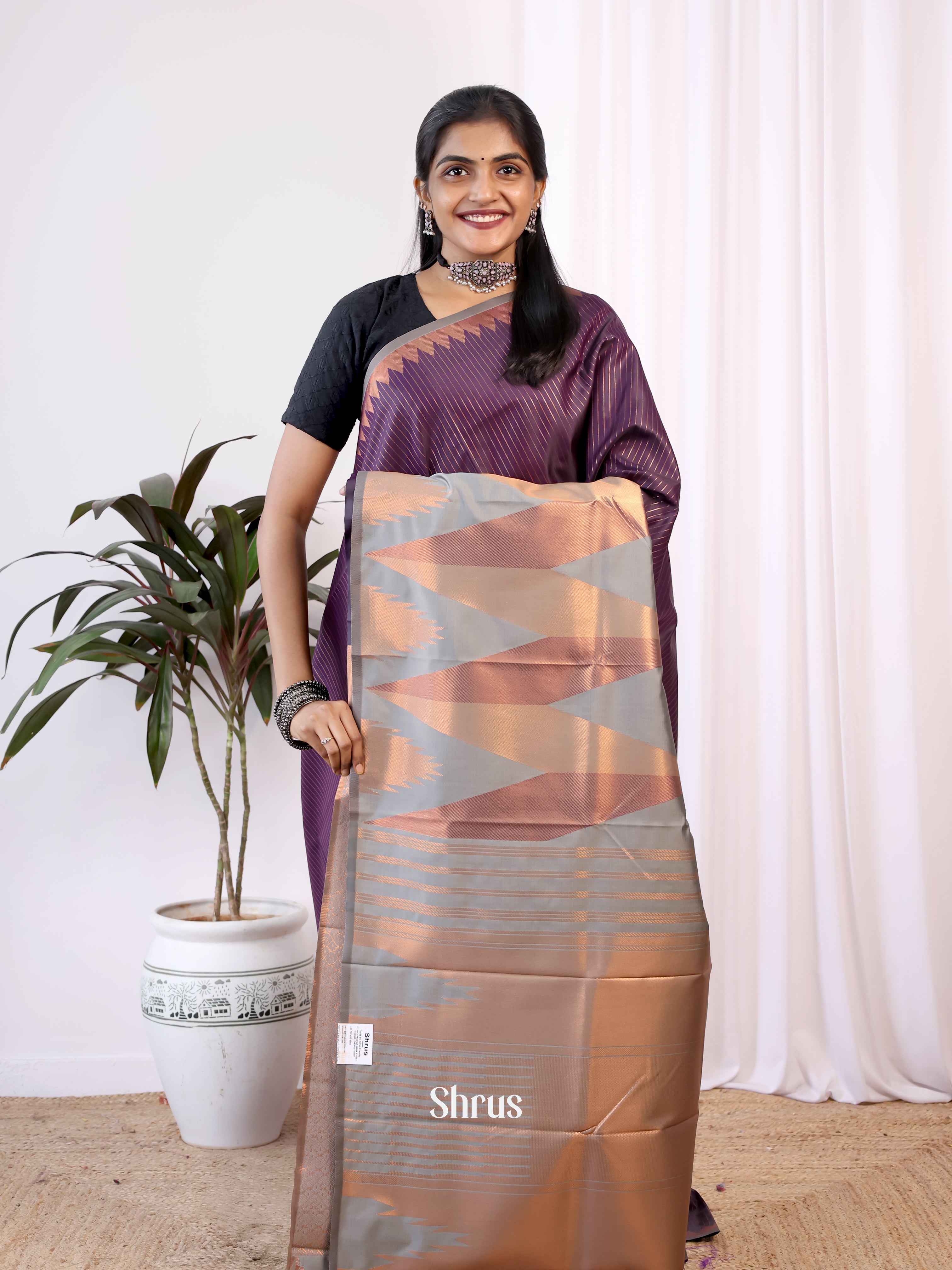 Violet & Grey - Semi Kanchipuram Saree - Shop on Shrus.com