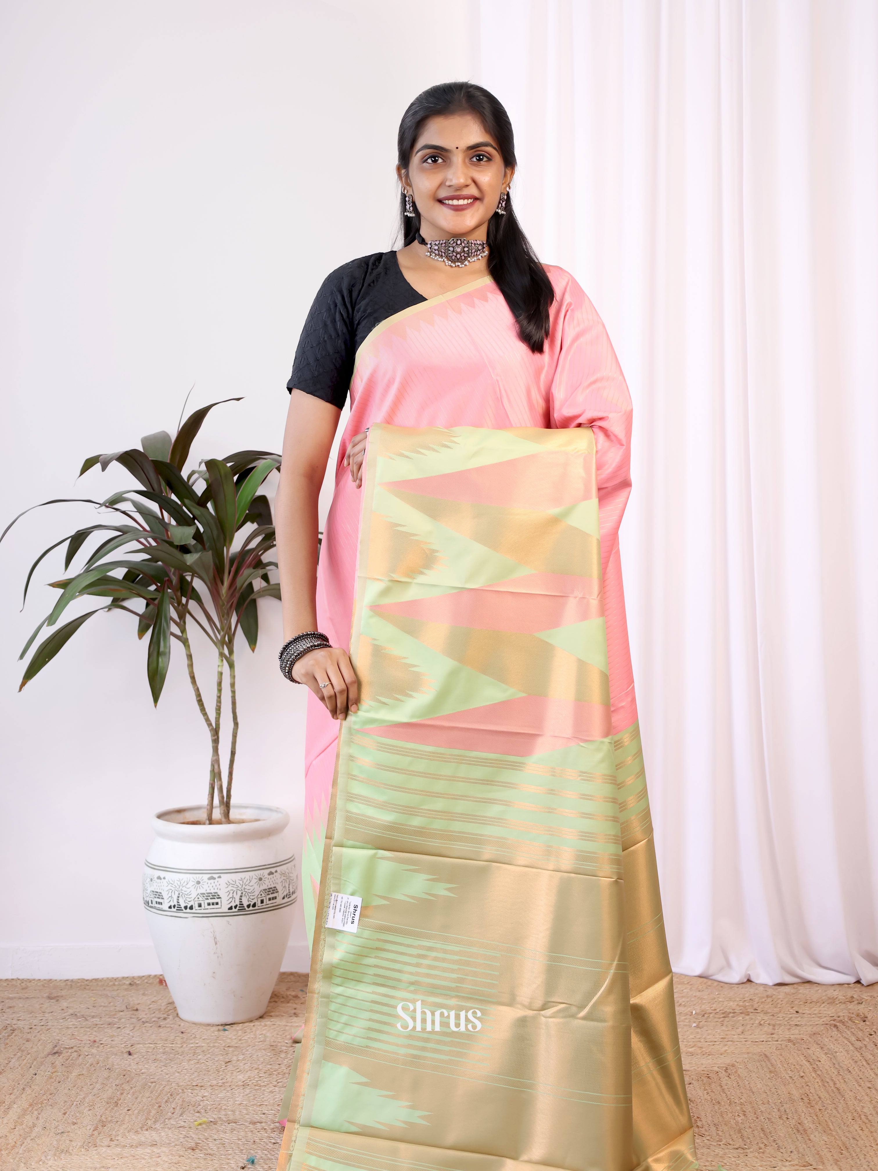 Pink & Green - Semi Kanchipuram Saree - Shop on Shrus.com