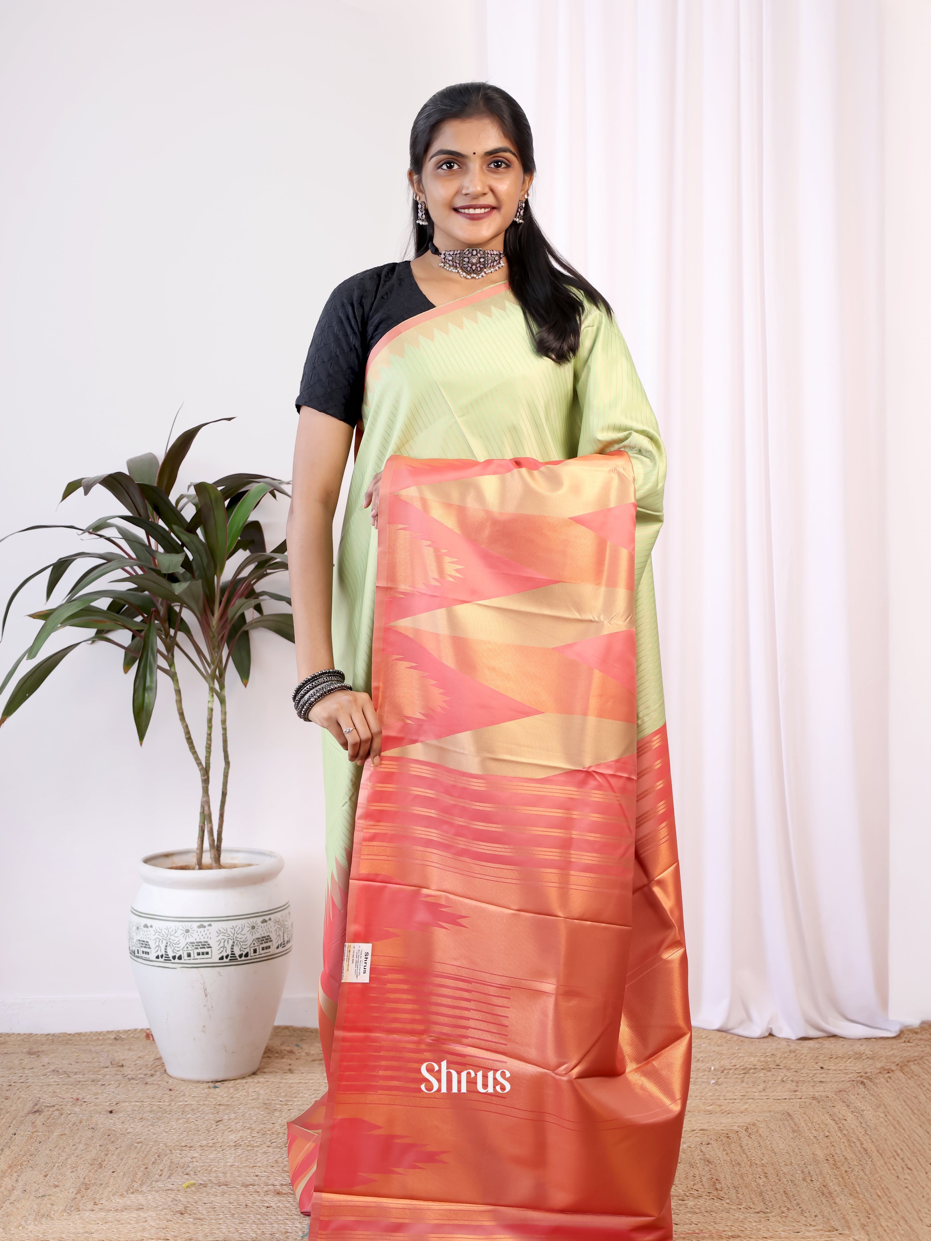 Green & Red - Semi Kanchipuram Saree - Shop on Shrus.com