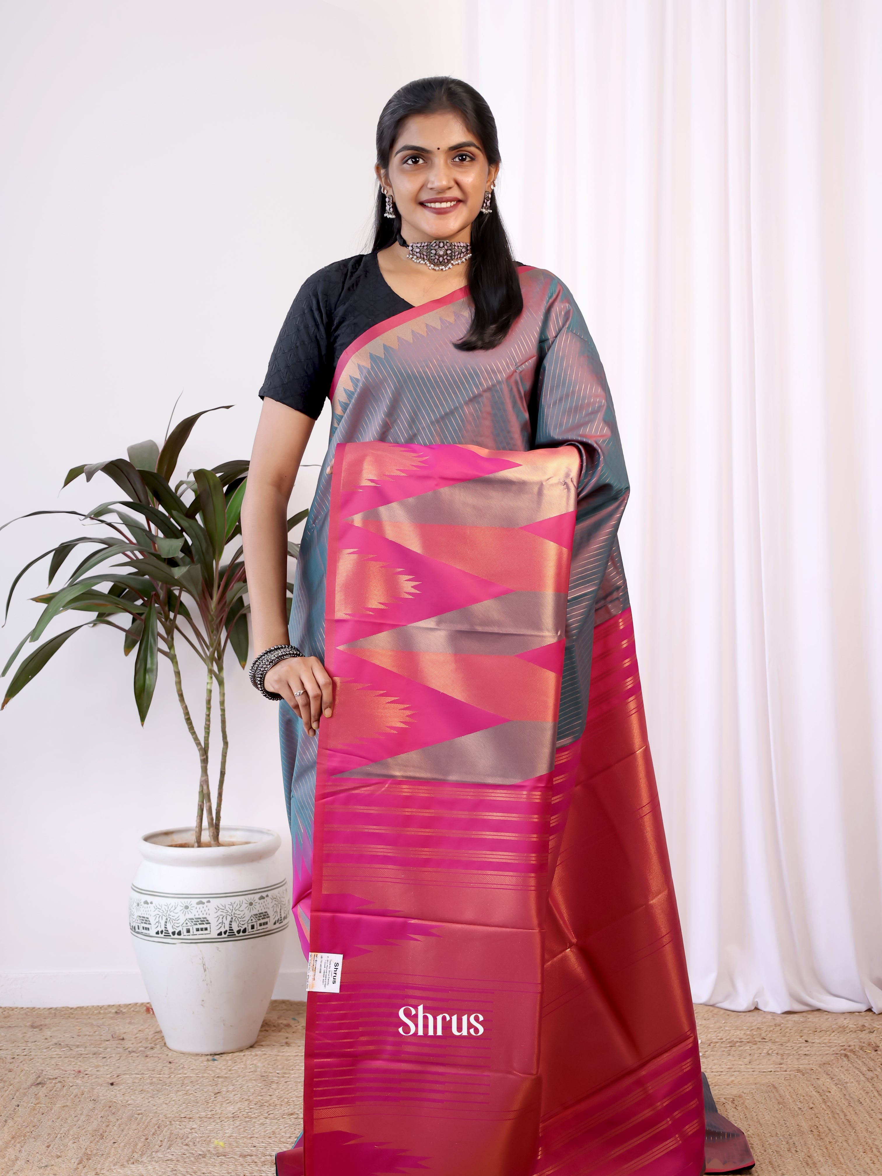 Grey & Pink - Semi Kanchipuram Saree - Shop on Shrus.com