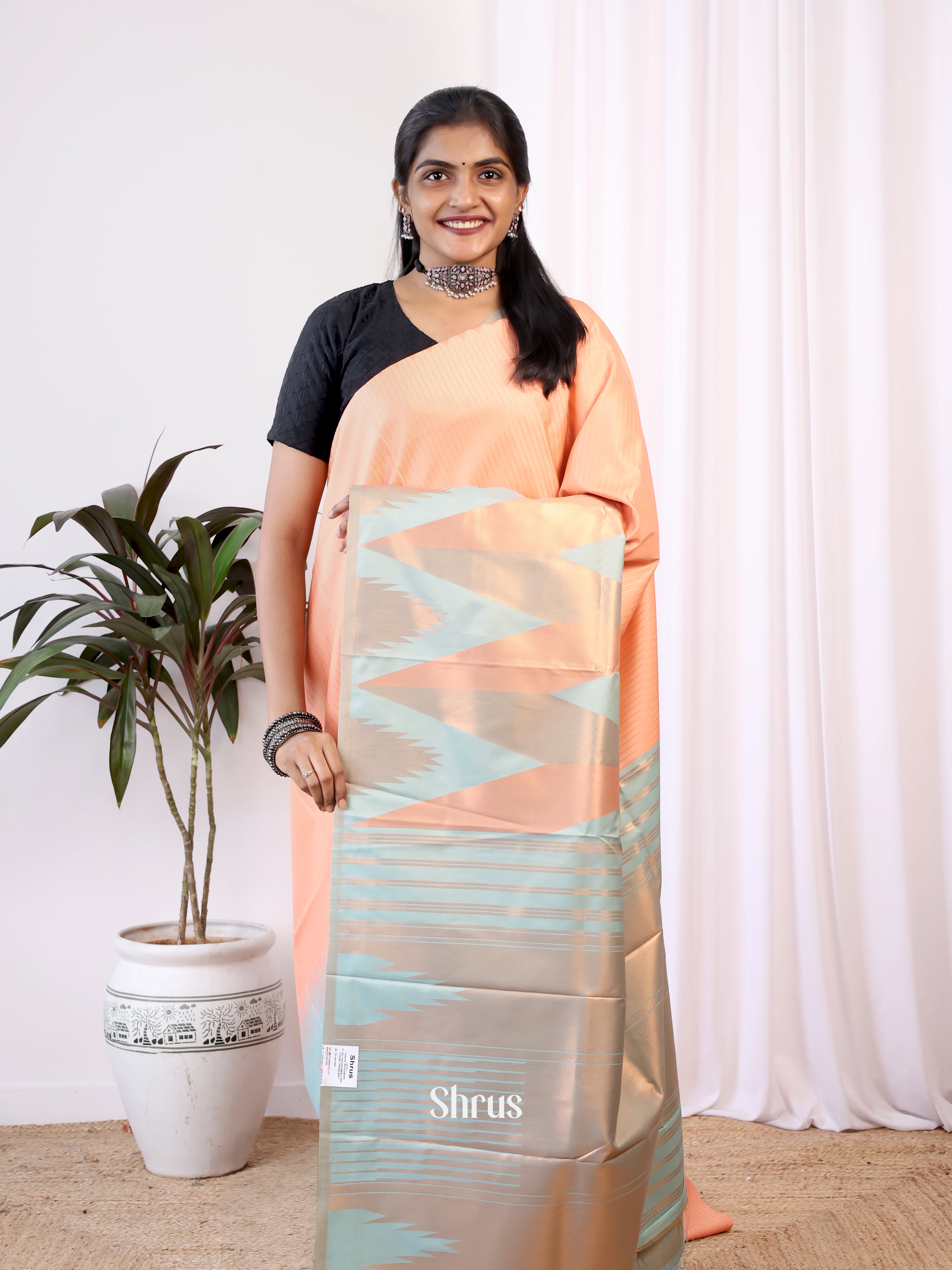 Peach & Blue - Semi Kanchipuram Saree - Shop on Shrus.com
