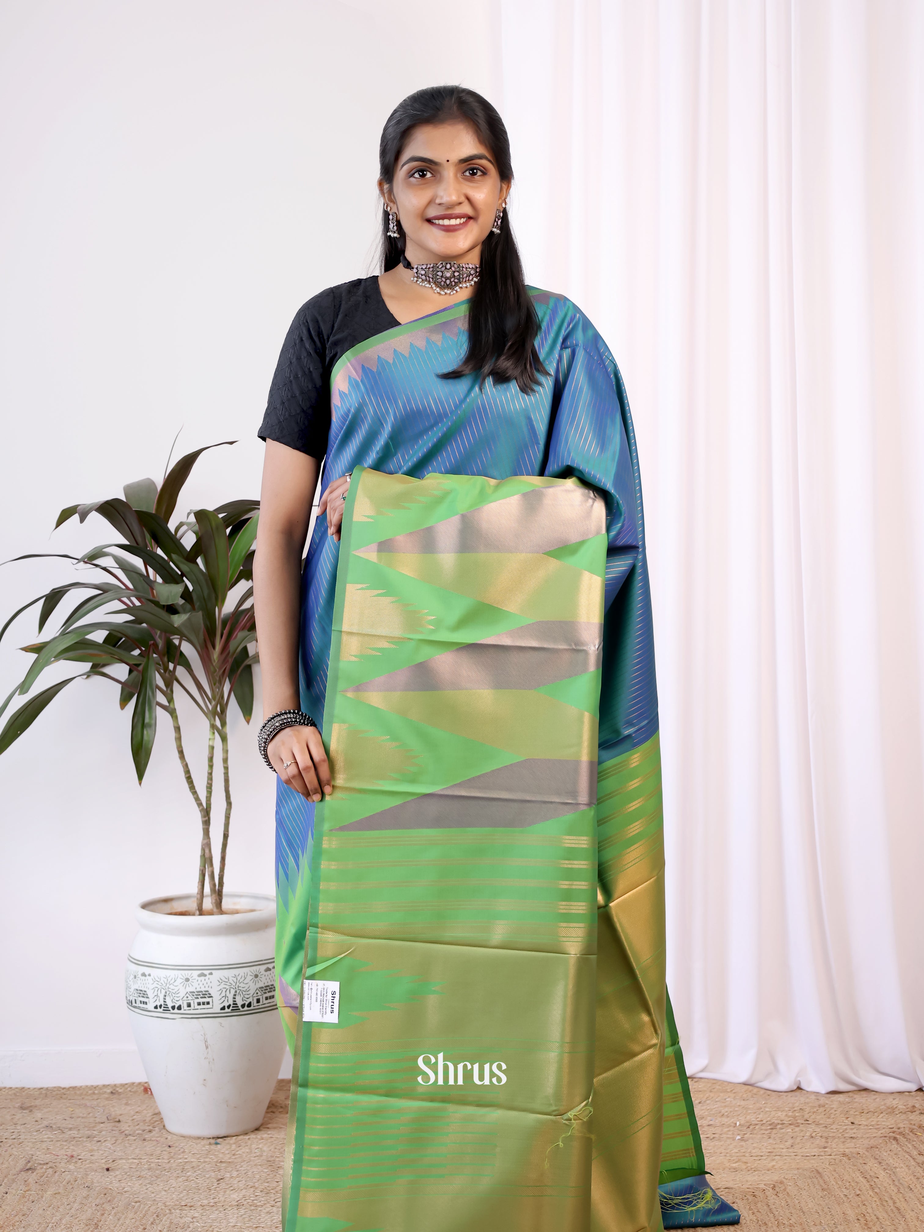 Blue & Green - Semi Kanchipuram Saree - Shop on Shrus.com