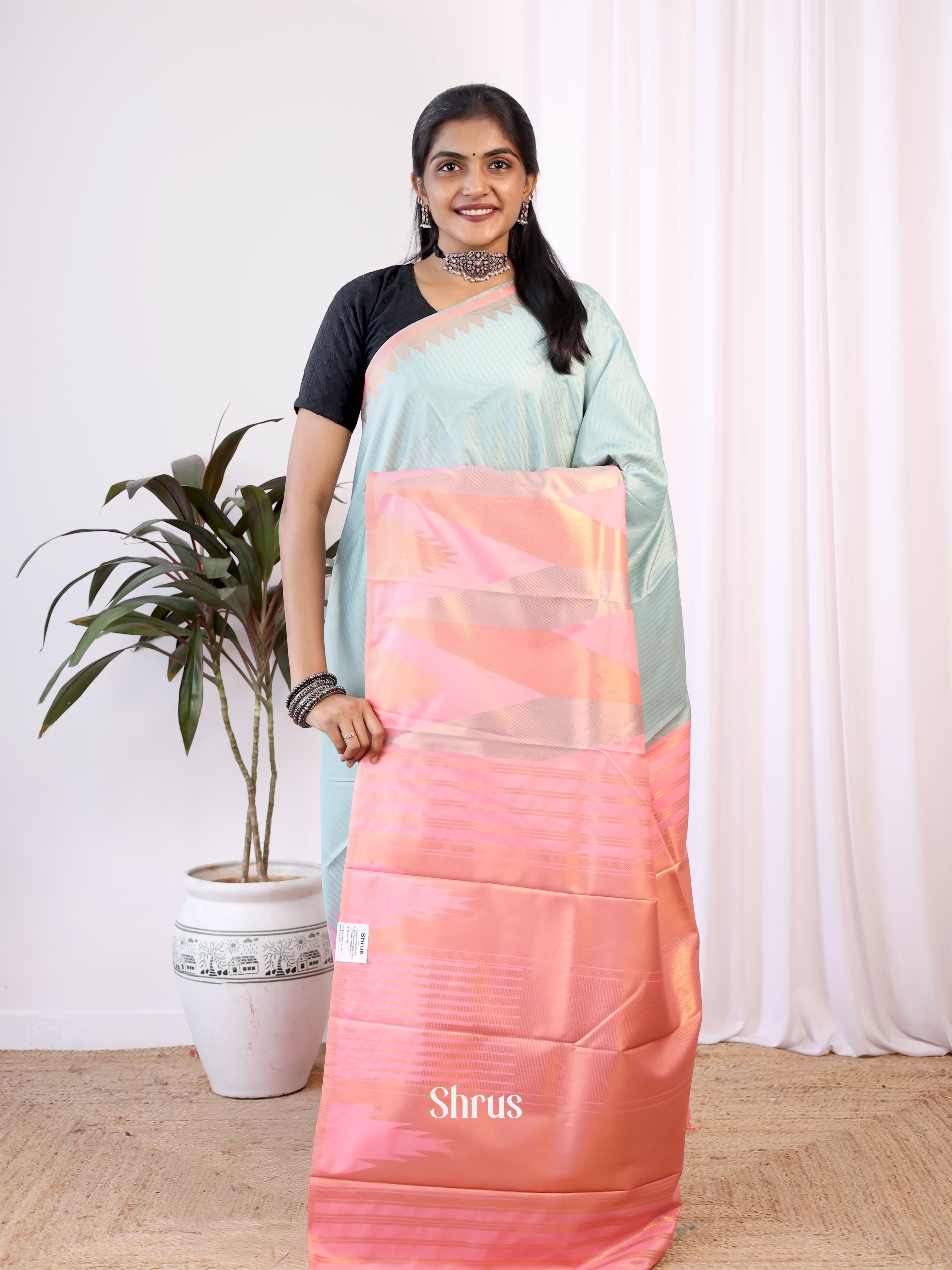 Blue & Pink- Semi Kanchipuram Saree - Shop on Shrus.com