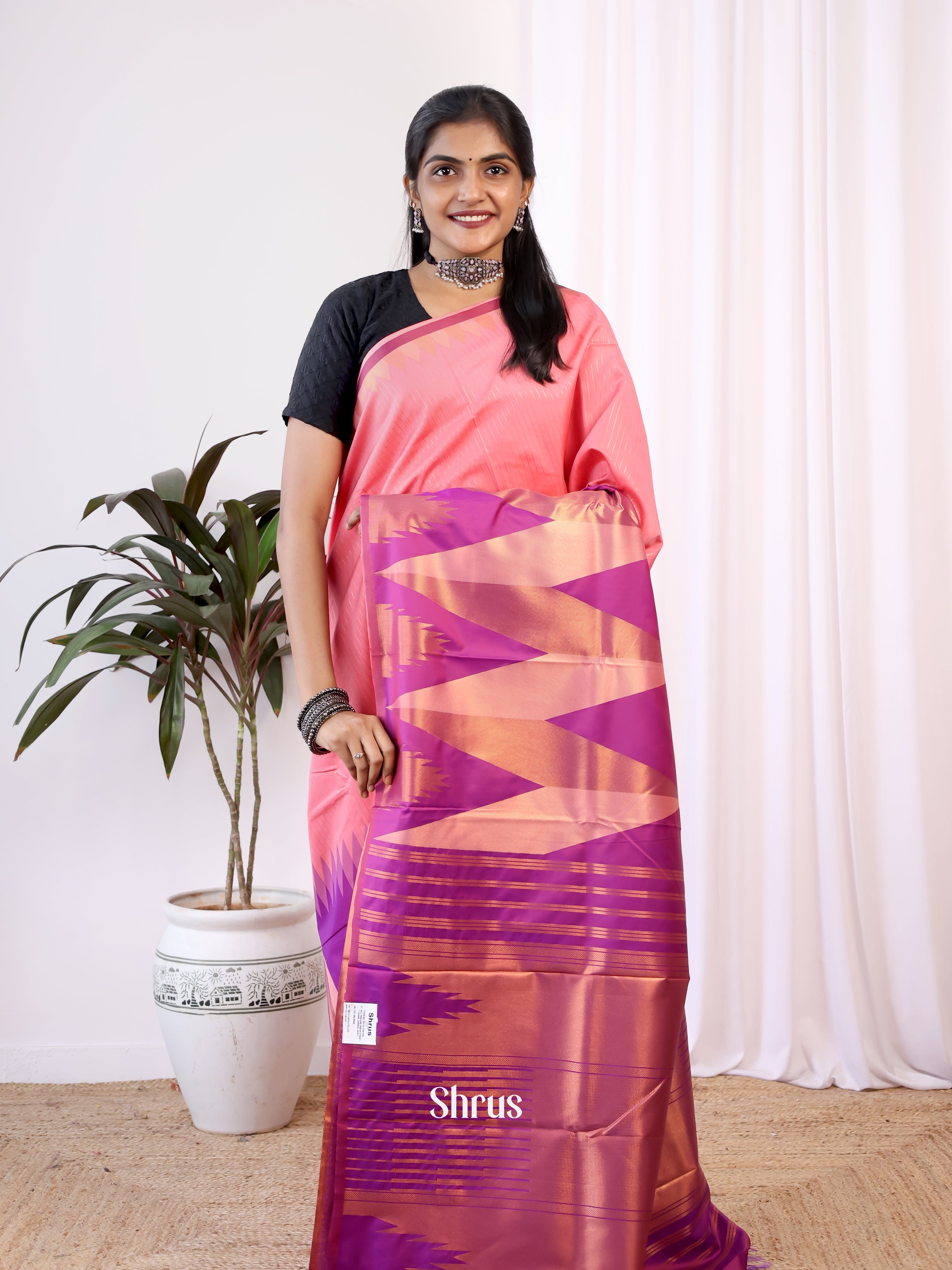 Peach & Purple - Semi Kanchipuram Saree - Shop on Shrus.com