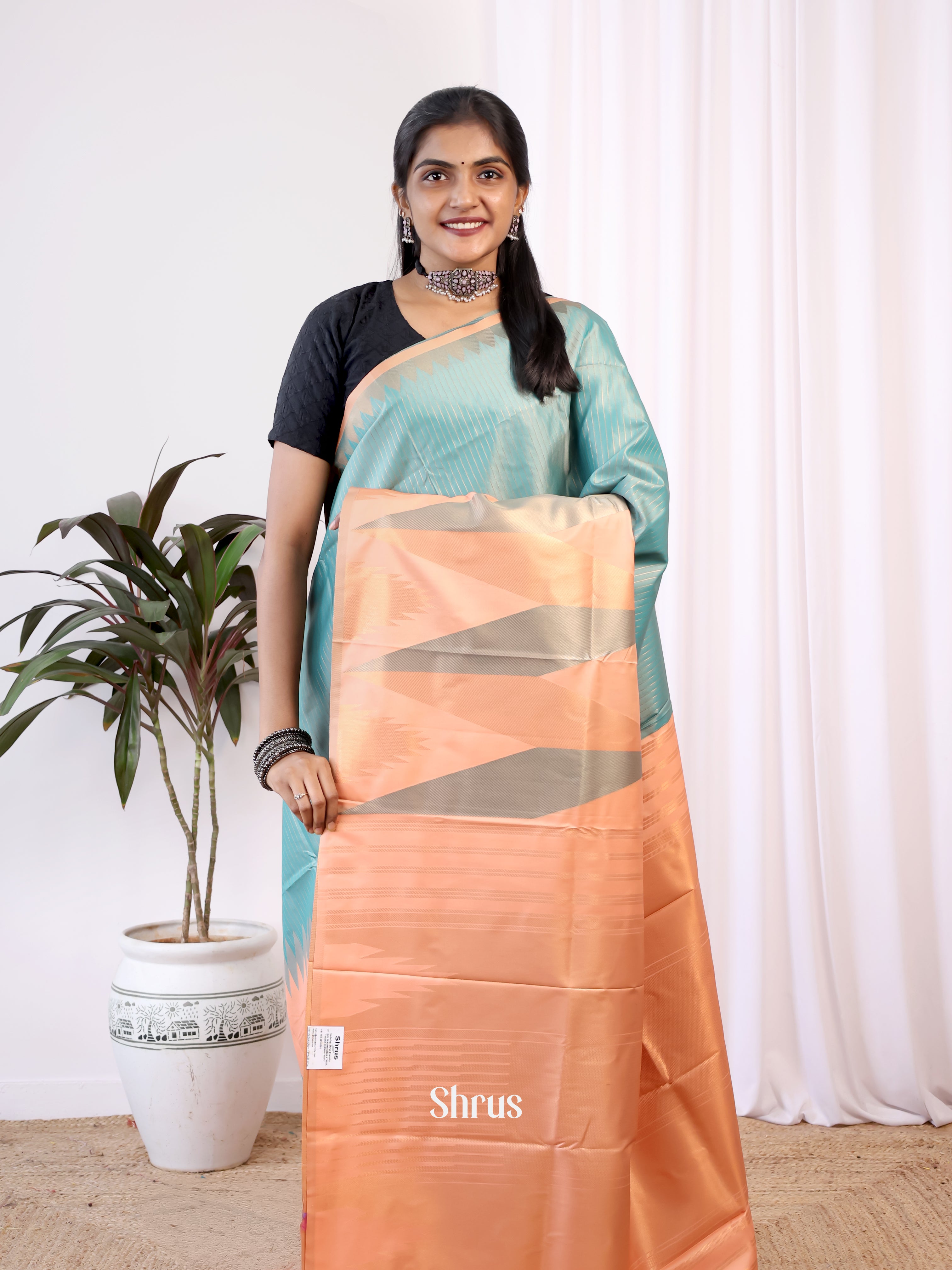 Pastel Bluish Green & Peach- Semi Kanchipuram Saree - Shop on Shrus.com
