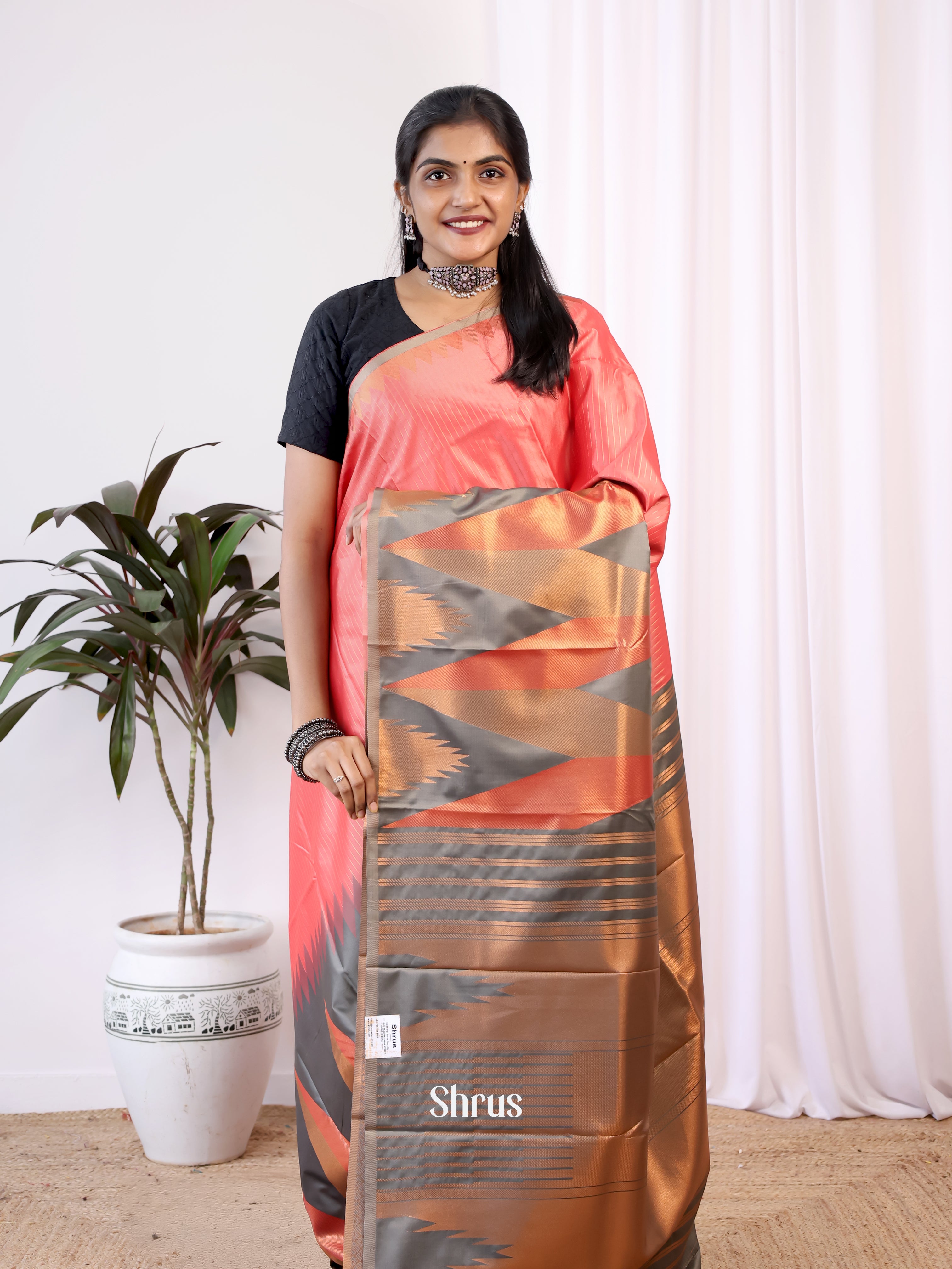 Pink & Grey- Semi Kanchipuram Saree - Shop on Shrus.com