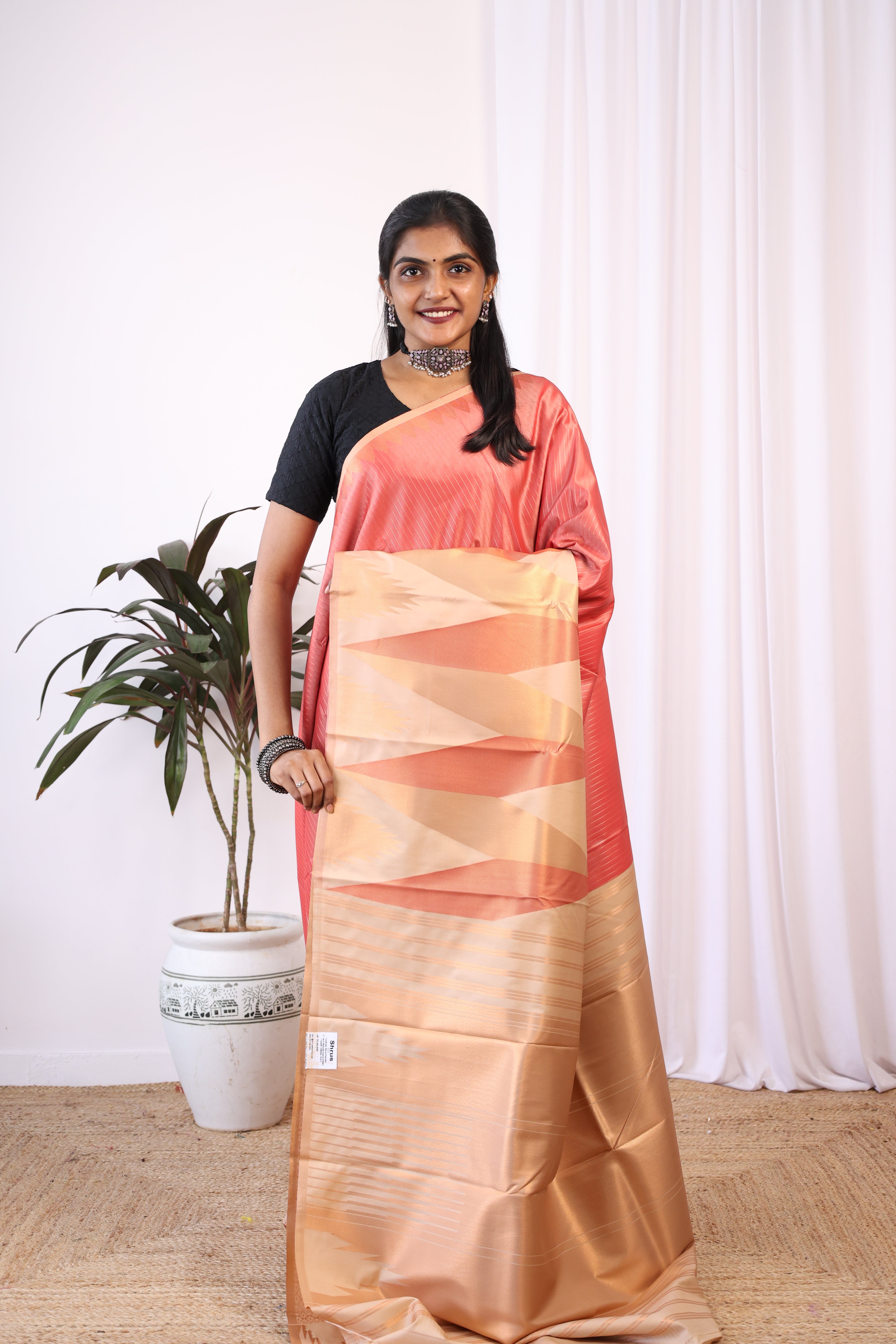 Pink & Orange- Semi Kanchipuram Saree - Shop on Shrus.com