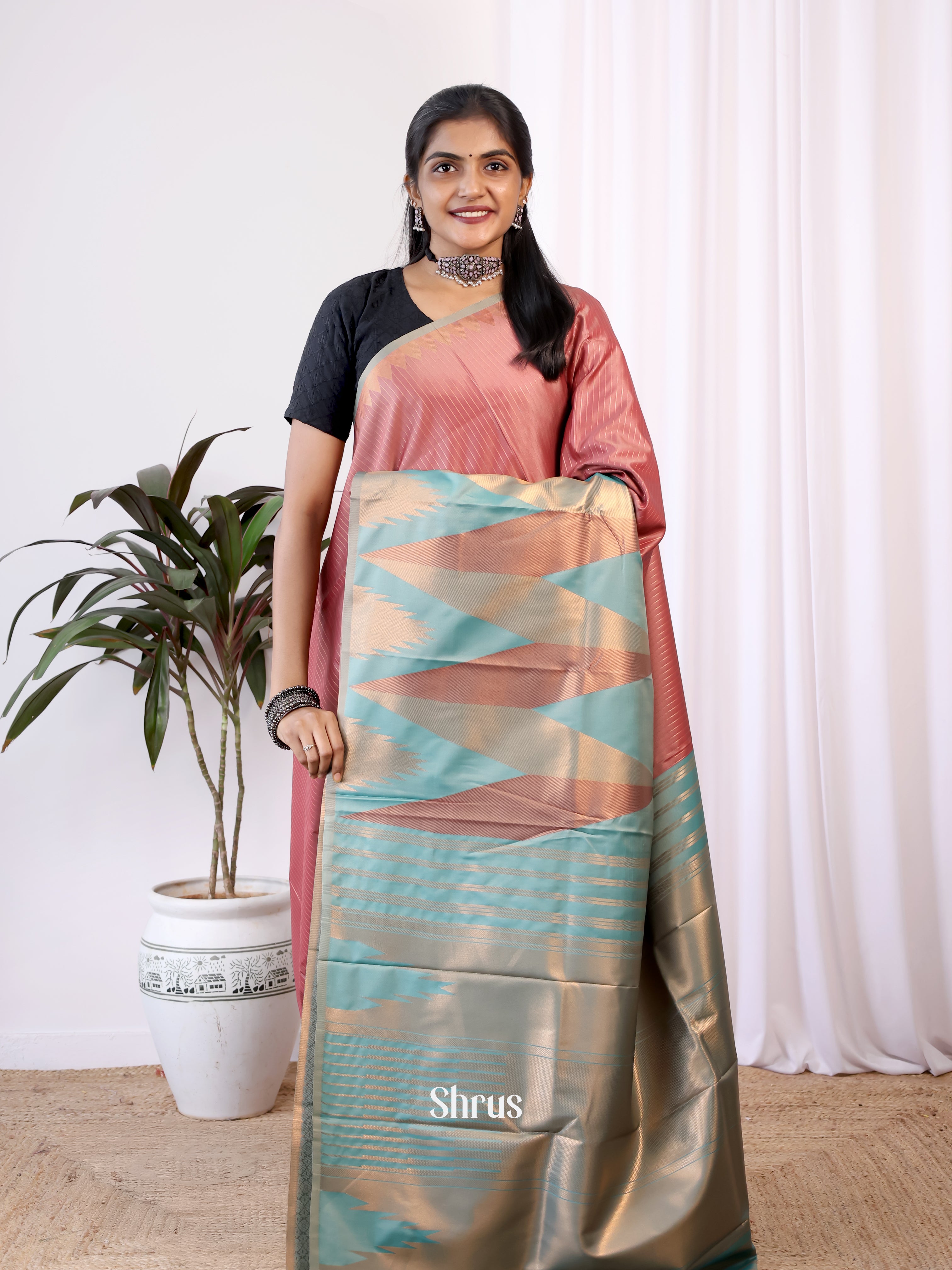 Peach & Green - Semi Kanchipuram Saree - Shop on Shrus.com