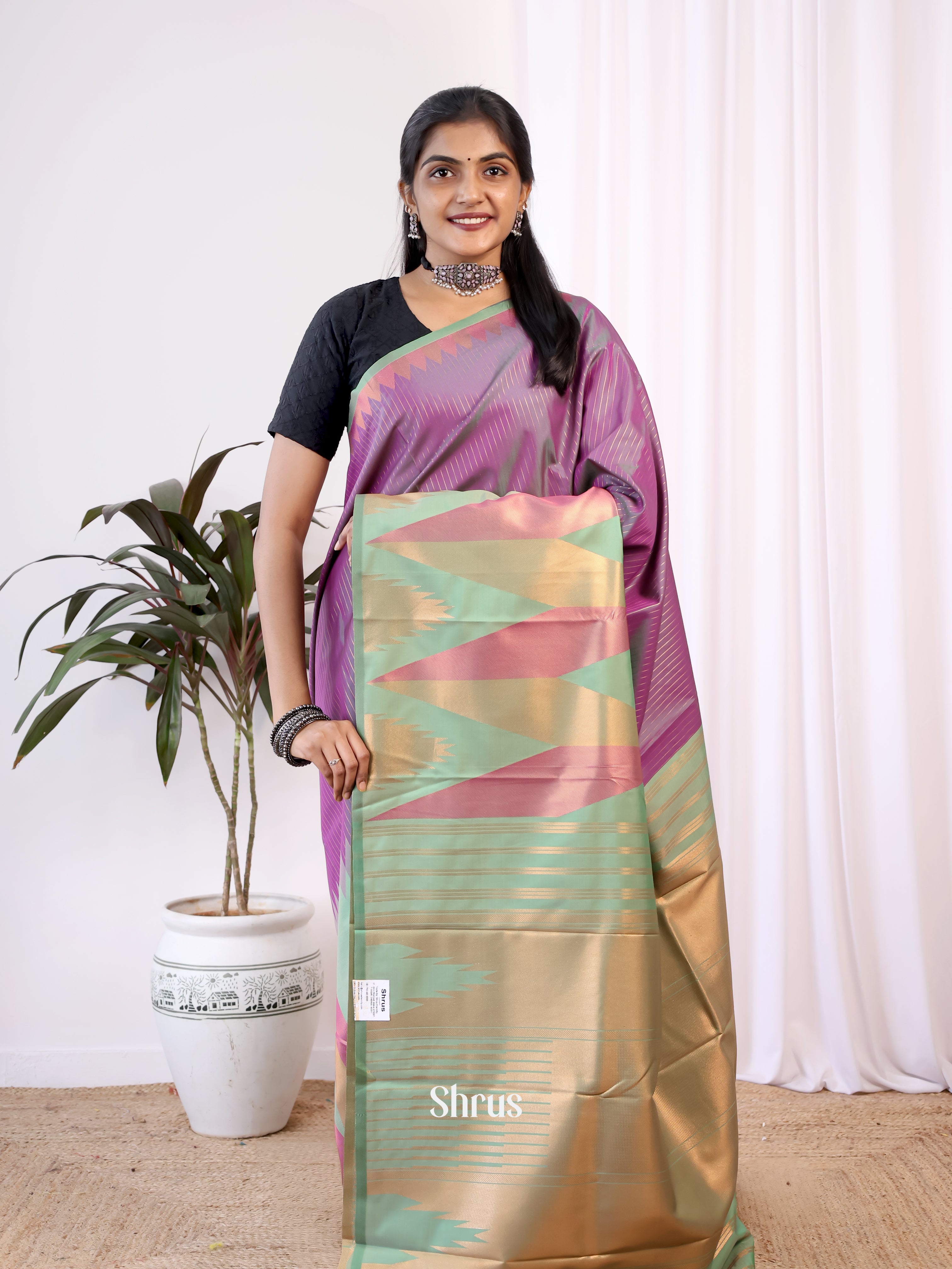 Purple & Green- Semi Kanchipuram Saree - Shop on Shrus.com