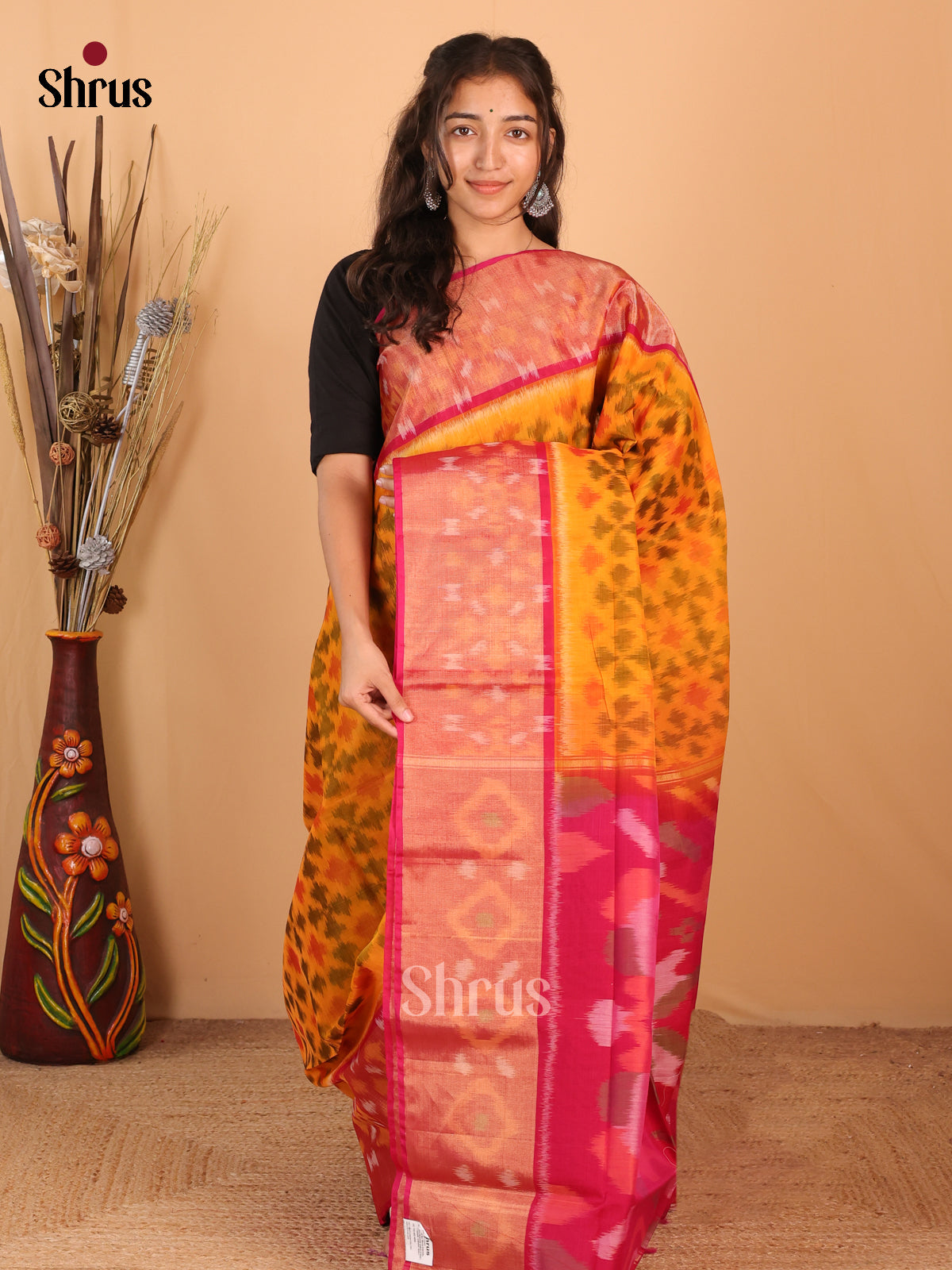 Mustard & Maroon- Pochampally sico Saree - Shop on Shrus.com