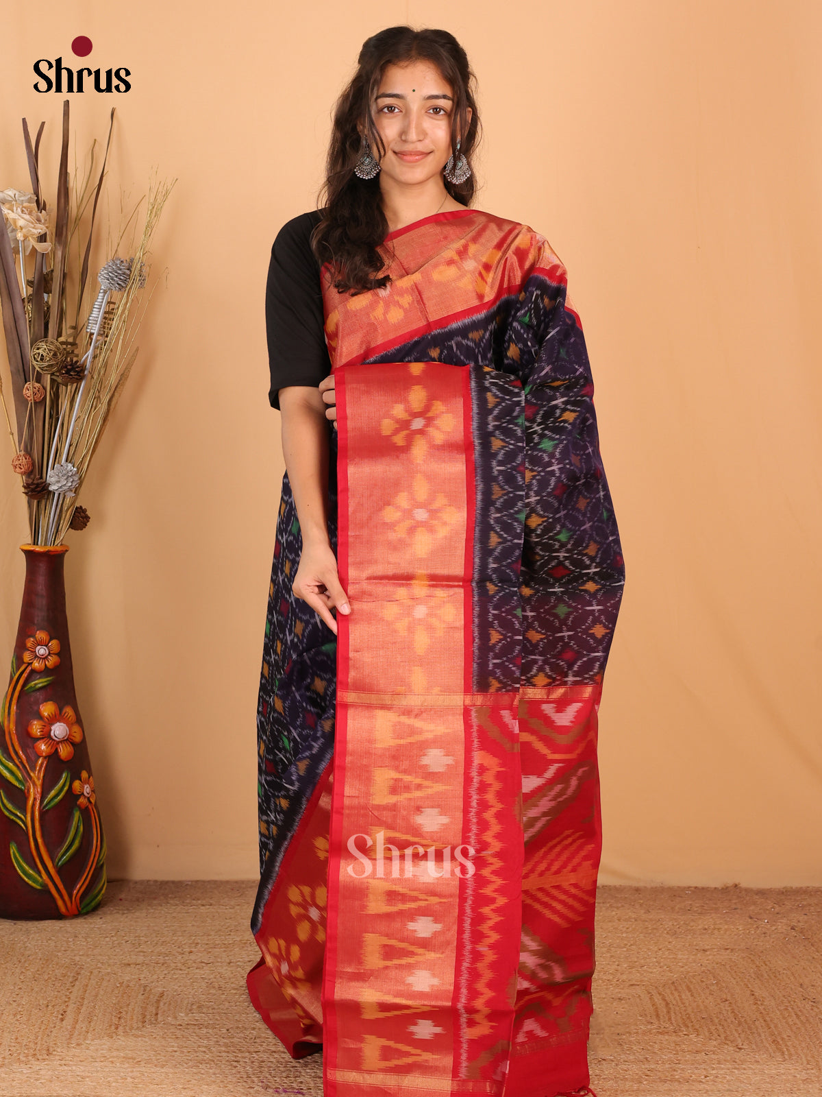 Black & Red - Pochampally sico Saree - Shop on Shrus.com