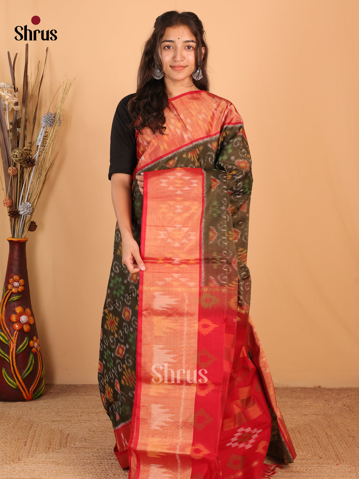 Chutney Green & Red - Pochampally sico Saree - Shop on Shrus.com