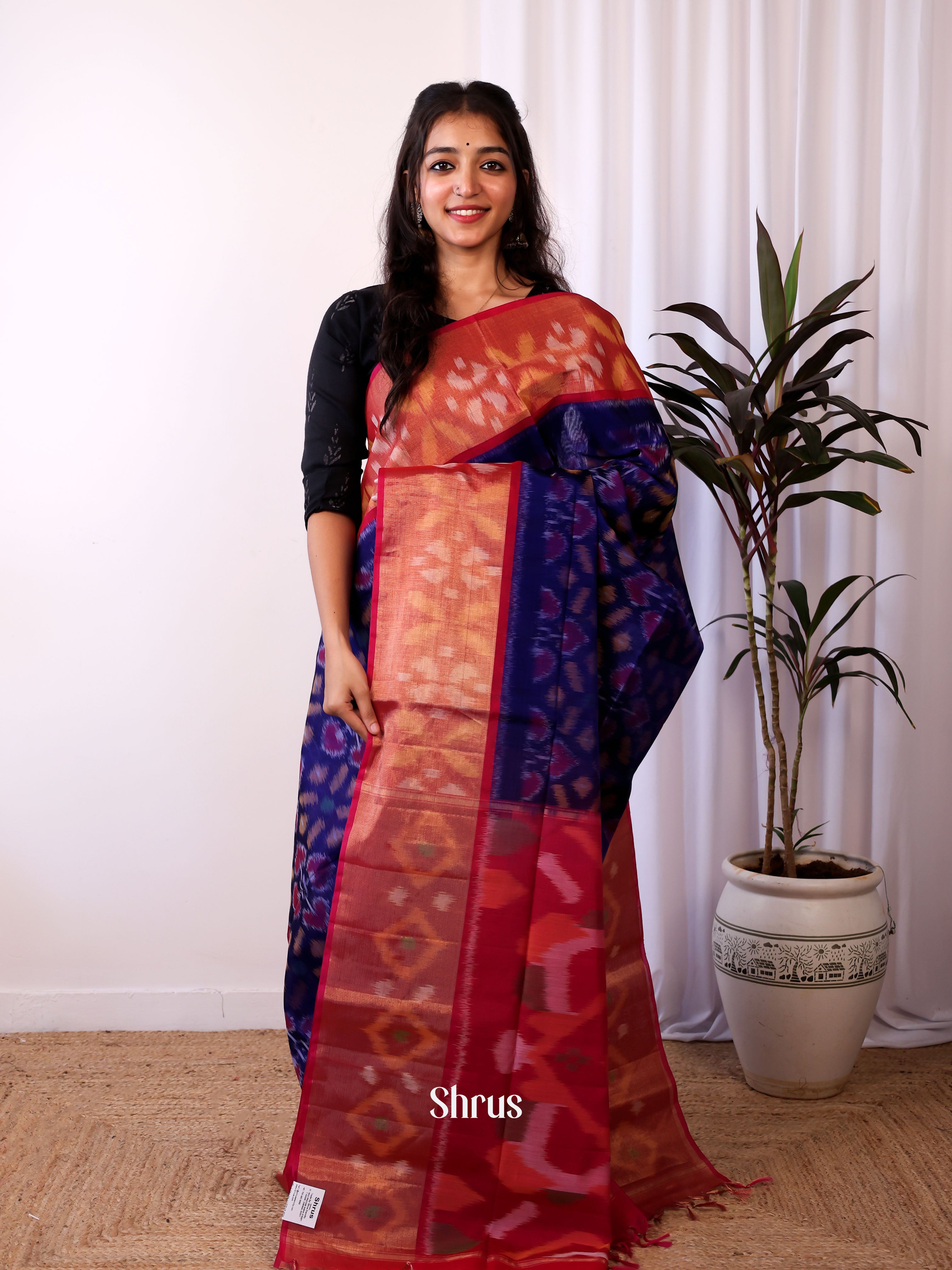 Blue & Red- Pochampally sico Saree - Shop on Shrus.com